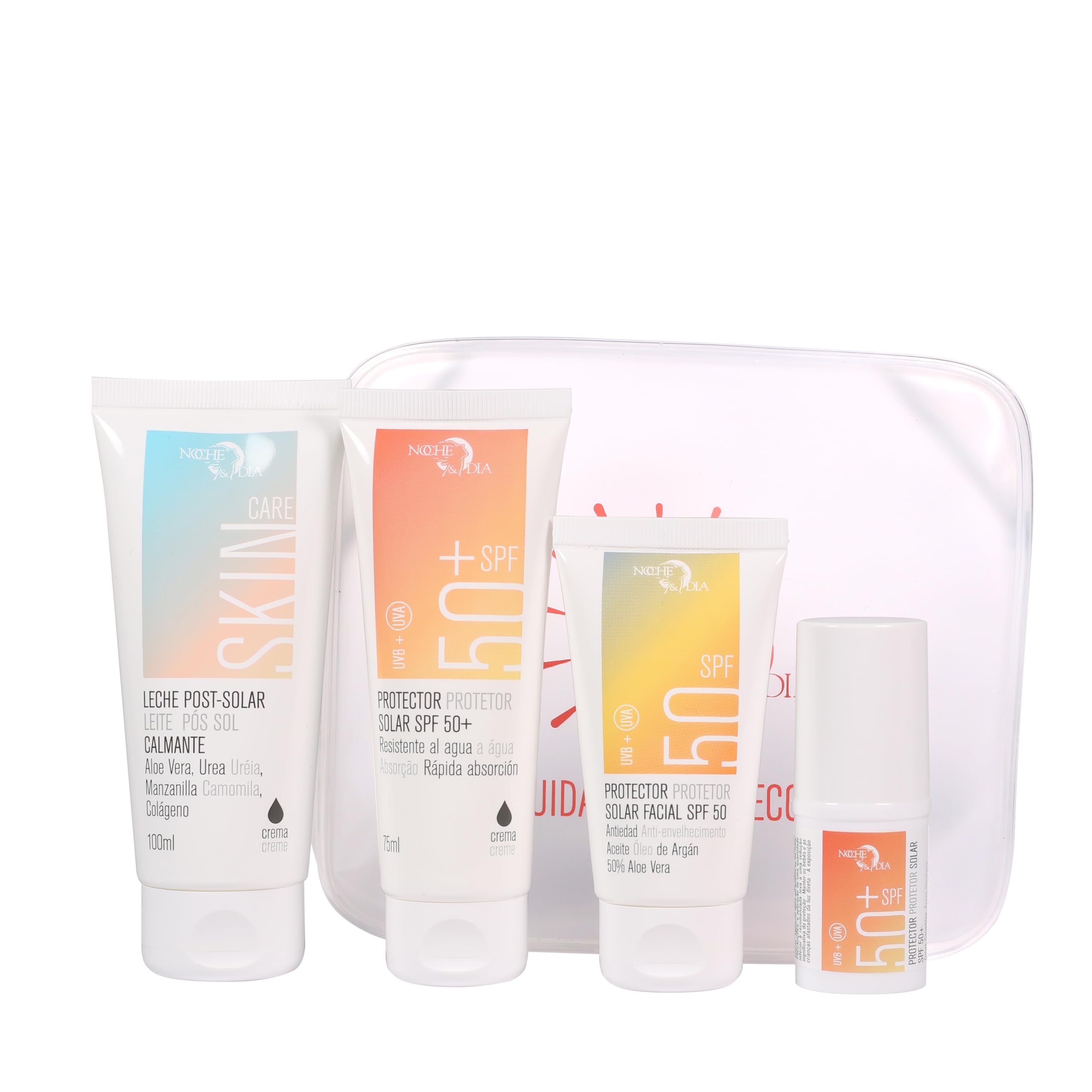 Protección Solar Pack para viajar. Crema Solar 50+ 75ml, Protector Solar Facial 50 50ml, Alfer Sun 100ml y Stick Zonas Sensibles 50+ 13g. Apto para viajar en avión. Marca Noche y Día. Regalo Neceser