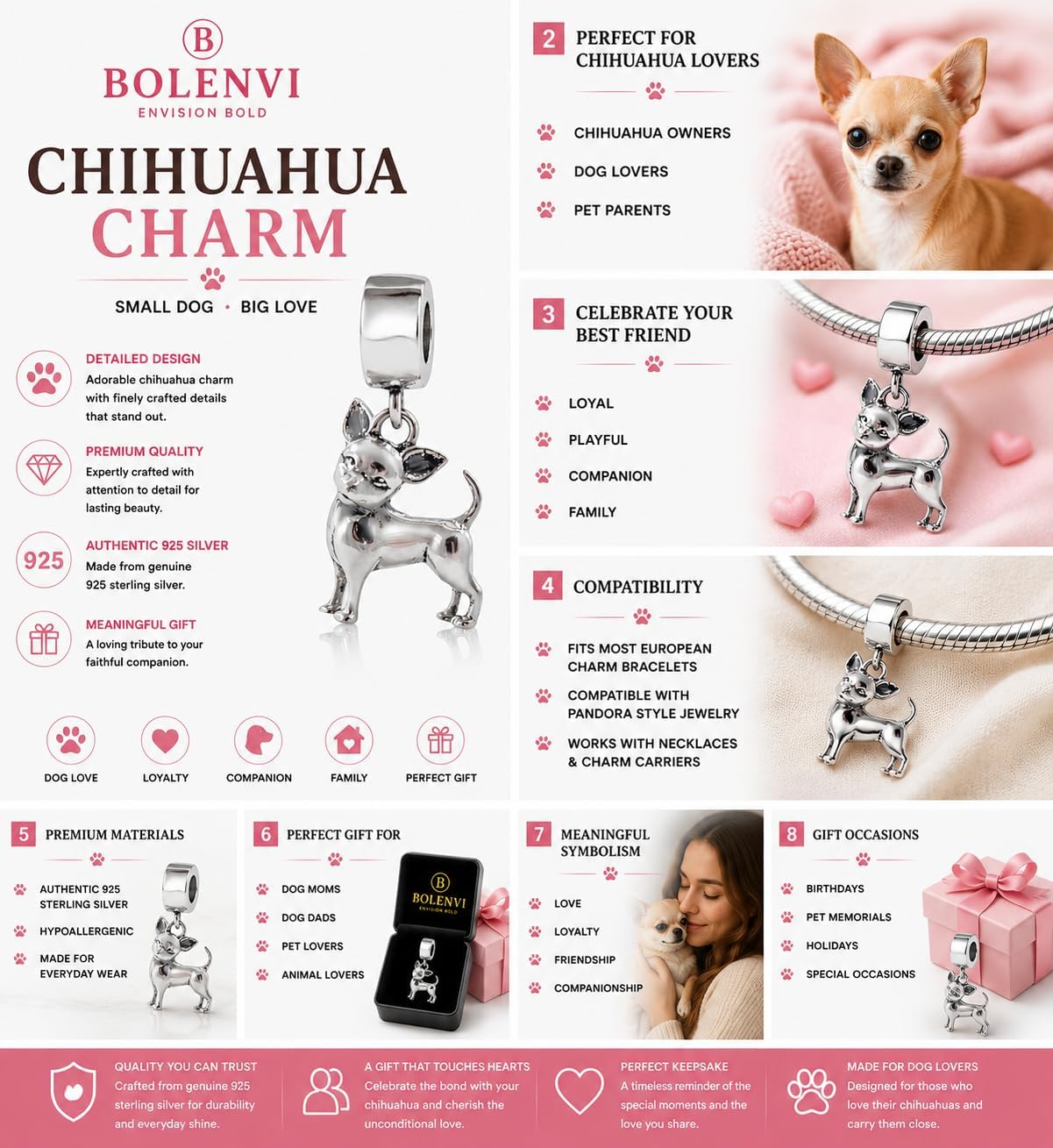 Chihuahua Charm, 925 Sterling Silver Chihuahua Dog Charm Compatible with Pandora Bracelets & Necklaces, Dog Lover Jewelry, Pet Memorial Gift