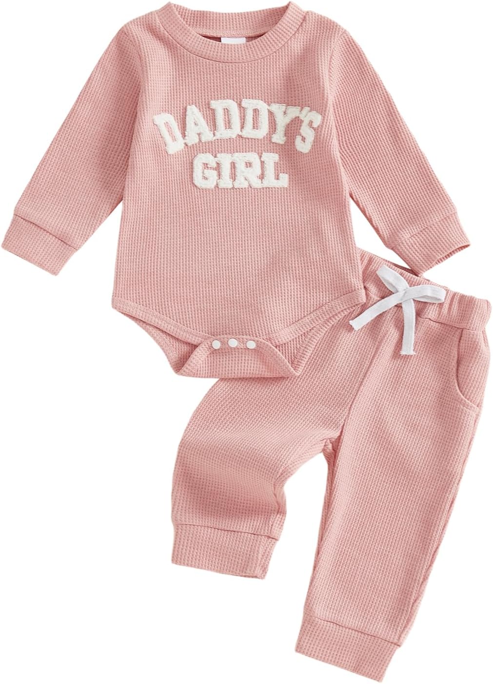 allshope Newborn Baby Girl Fall Outfit Romper Long Sleeve Daddy Girl Embroidery Jumpsuit Bodysuit Pants Infant Waffle Clothes