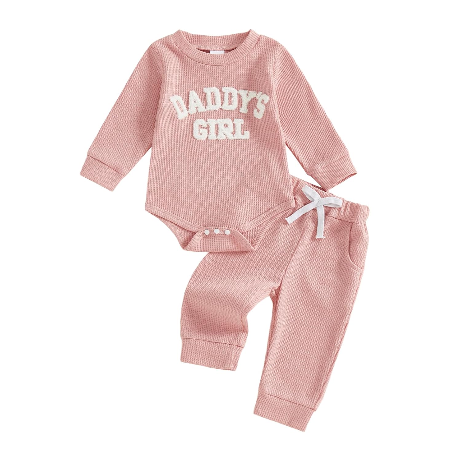 allshope Newborn Baby Girl Fall Outfit Romper Long Sleeve Daddy Girl Embroidery Jumpsuit Bodysuit Pants Infant Waffle Clothes