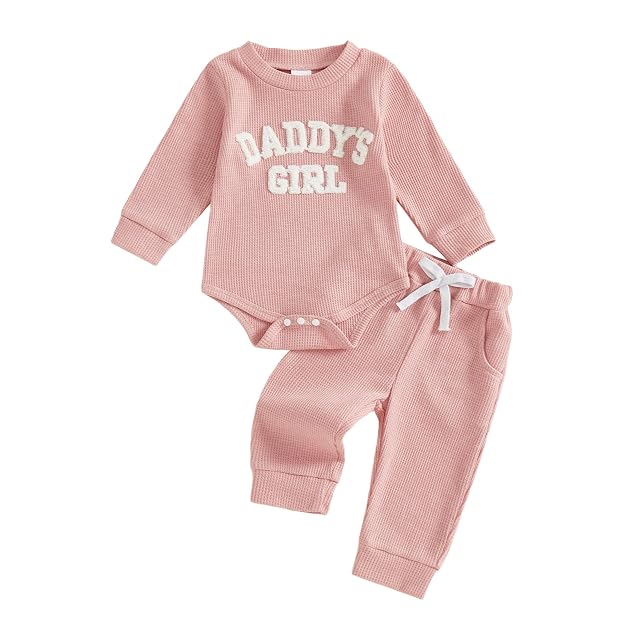 allshope Newborn Baby Girl Fall Outfit Romper Long Sleeve Daddy Girl Embroidery Jumpsuit Bodysuit Pants Infant Waffle Clothes