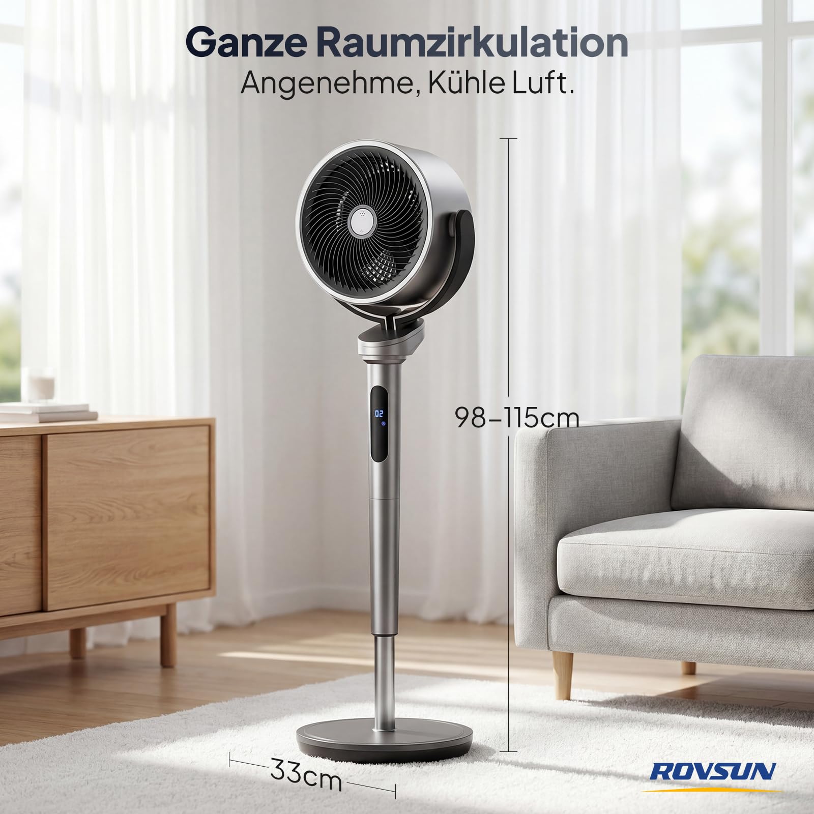 Bonnlo Standventilator mit Fernbedienung & Touchpanel, Ventilator Leise 40dB, Fan 98-115 cm Höhenverstellbar, 120° (V) & 60~120° (H), 3 Modi, 32 Geschwindigkeiten 12H-Timer, LED
