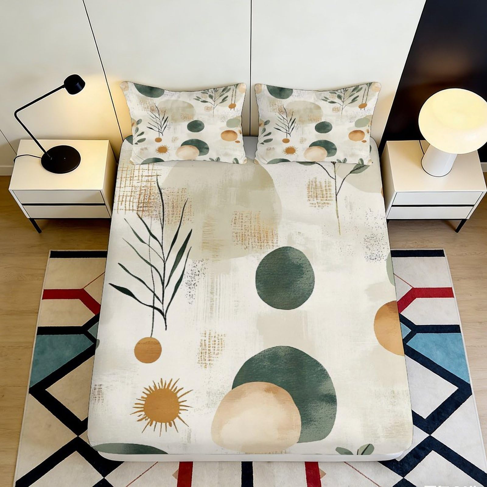 3D Printed Abstract Botanical Fitted Sheet Microfiber Soft Beige Green Modern Geometric Mattress Cover for Bedroom Guest Room Decor 120x200x25cm