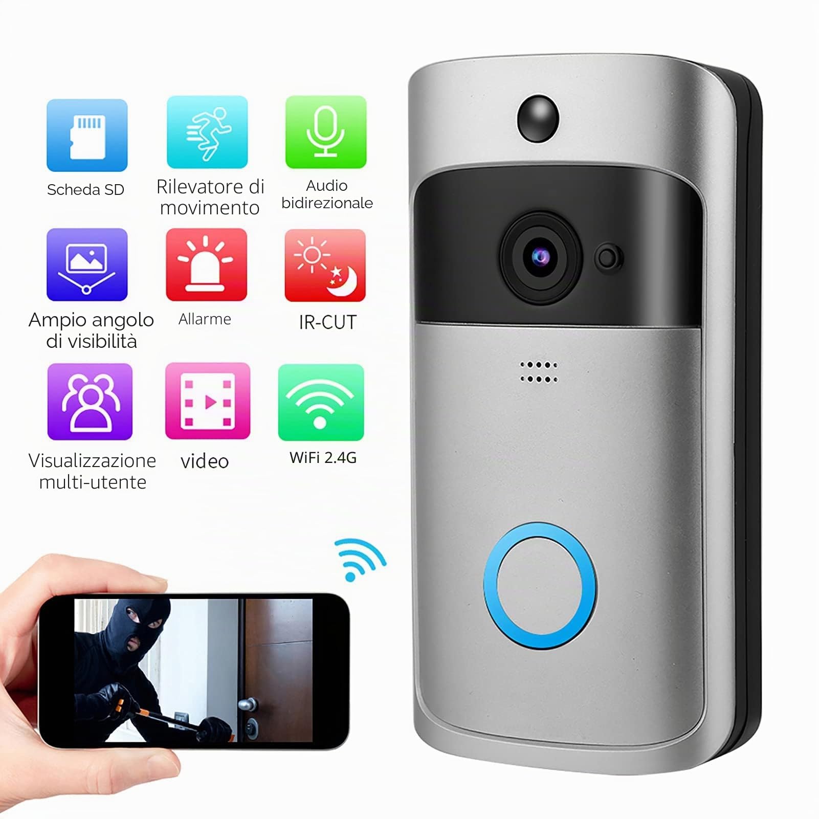 Ejoyous Videocitofono Campanello Videocamera Wireless, Smart Wifi Videocitofono Campanello A Infrarossi Wireless di Accesso Citofono Telecamera Porta, Telecomando per Cellulare