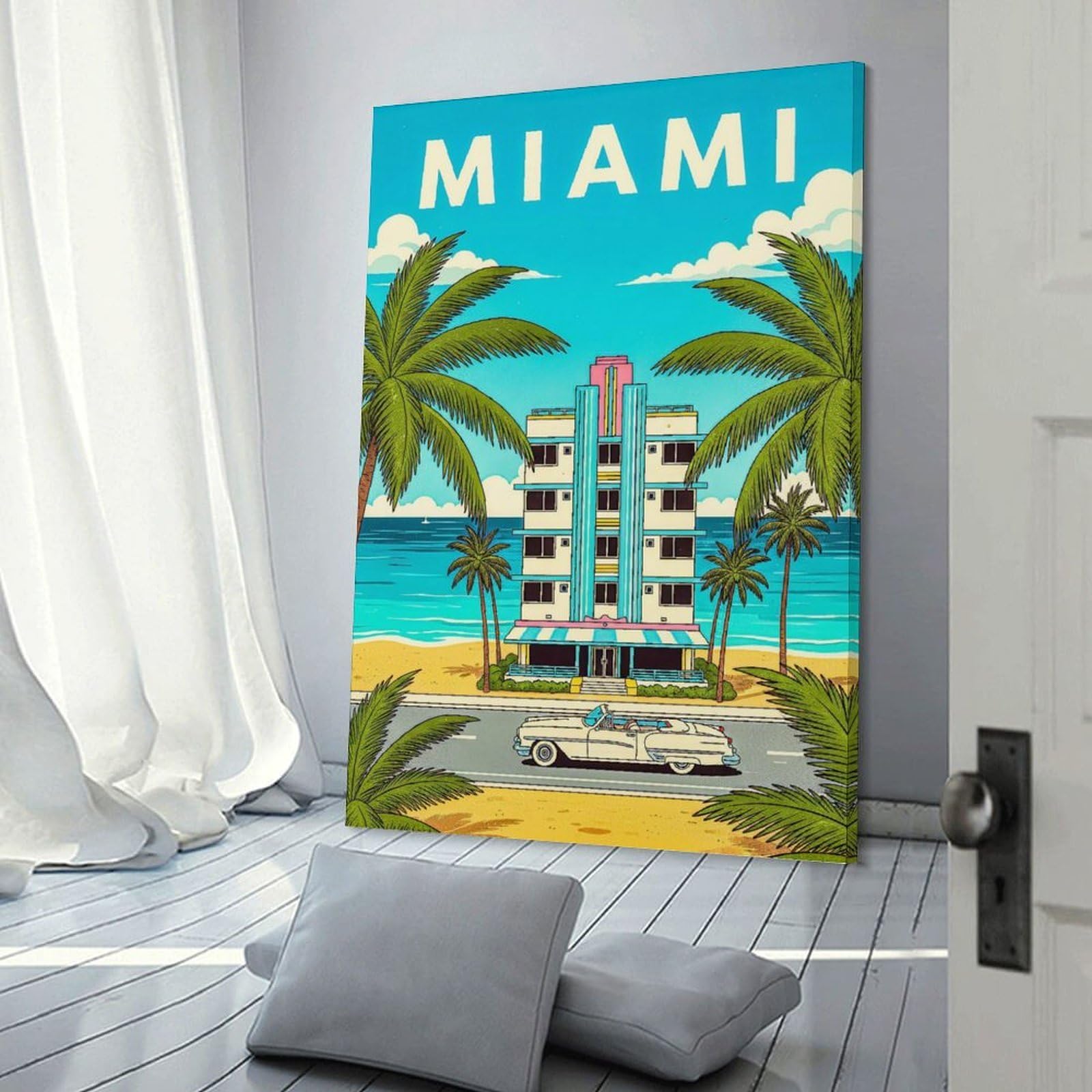 Junmoney Frame-Style-1 Wall Picture Print Miami Art Deco Travel (3), 24X36inch(60X90cm), For Workspace Walls, Study Corners Or Bedrooms, A Smart Decor Choice For Study Walls