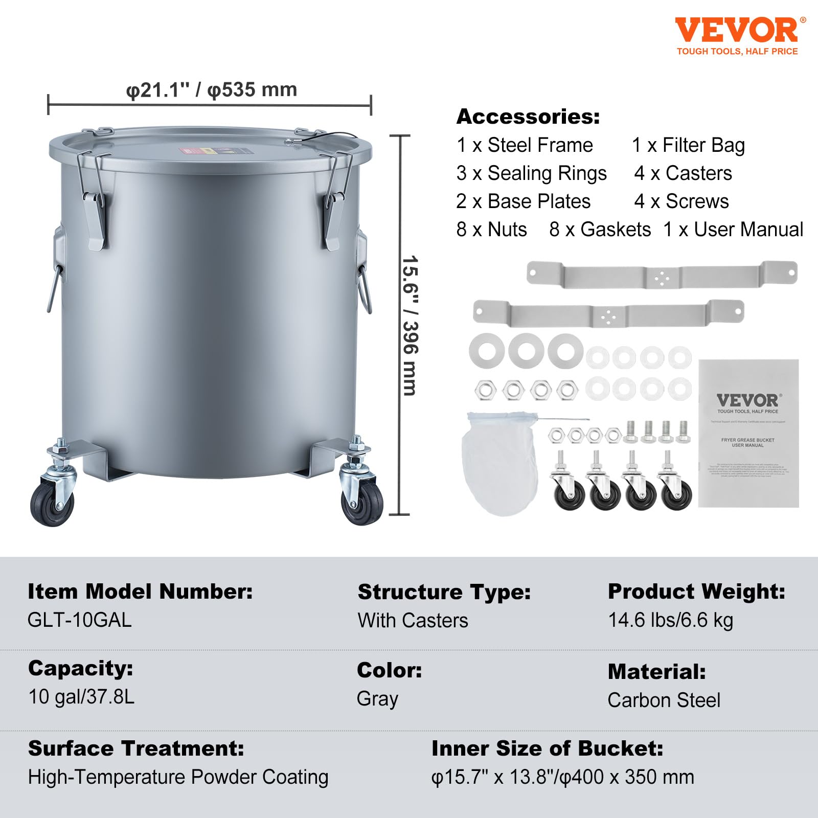 VEVOR Collecte Huile et Graisse Usagées sur Roulettes, 37,8 L, Fut de Récupération d'Huile pour Friteuse en Acier au Carbone, Récipient d'Huile avec Couvercle, Pinces de Verrouillage, Sac Filtrant