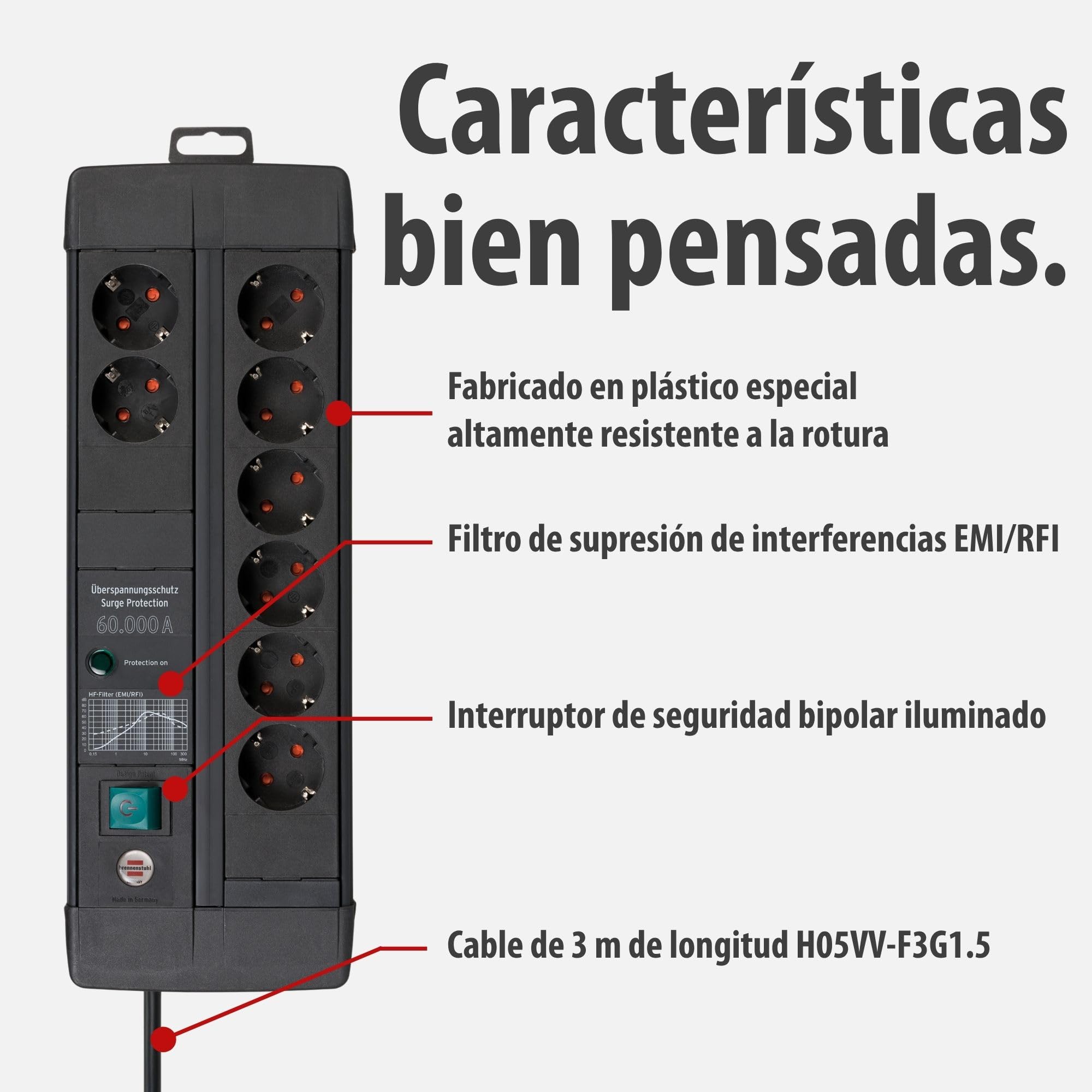 Brennenstuhl Premium-Line Duo regleta enchufes de 8 Tomas con protección contra sobretensiones (Cable de 3 m, Interruptor, protección hasta 60.000 A, Fabricado en Alemania) Negro