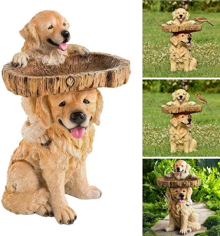 Two Playful Golden Retriever Puppies Resin Birdbath, Resin dog Birdbath, Bird Bath for Outdoor, Hand Painted All Weather Wood Look Resin Landscape and Garden Accent, Yard Patio Decorations（Dog）