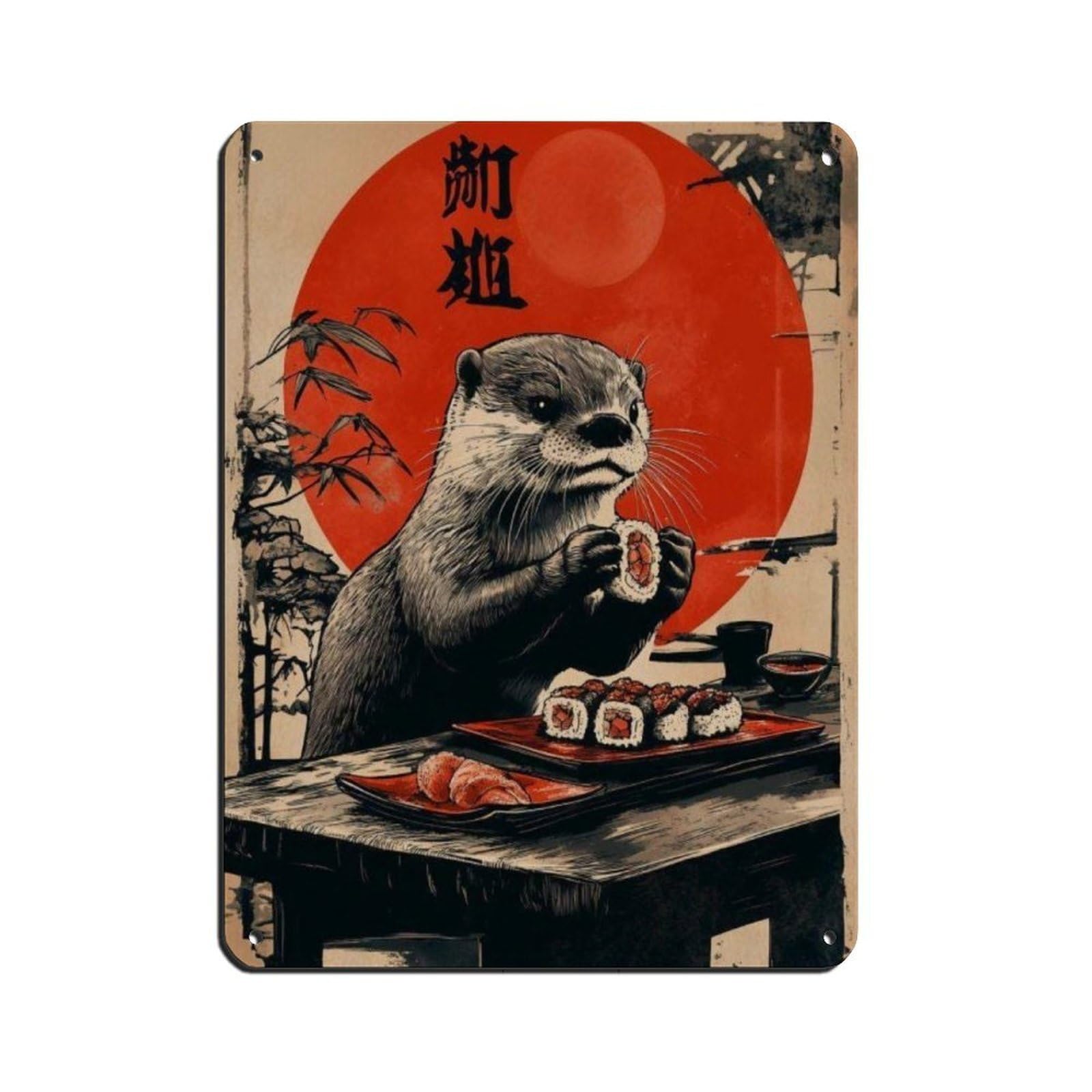Lxwnze 30L X 40W Cm Cute Otter Eating Sushi Art Poster Retro Poster Metal Tin Sign Chic Art Retro Iron Painting Bar People Cave Cafe Family Garage Poster Wall Decoration 12X16inch(30X40cm)