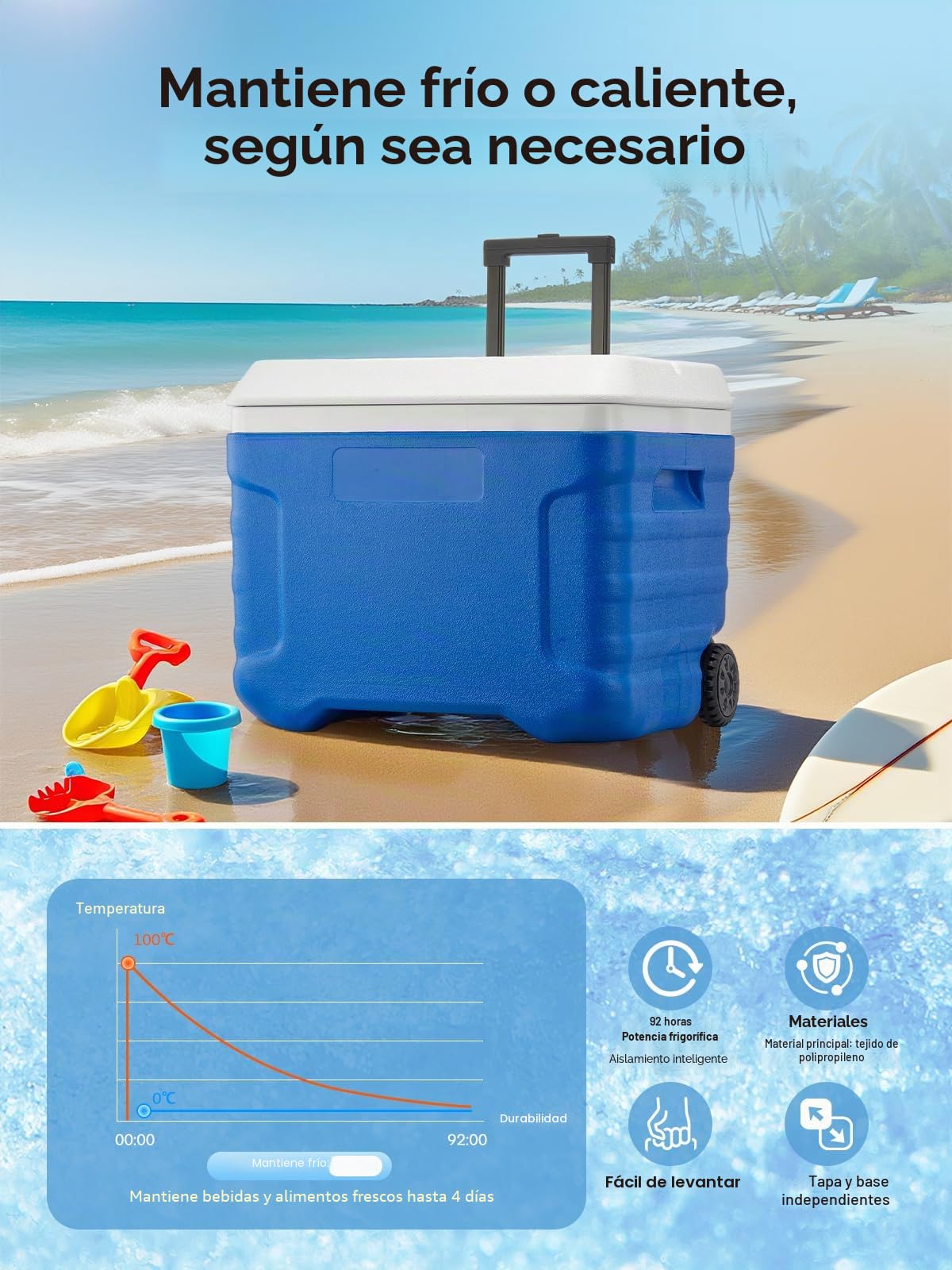 FOHERE Cooler, Nevera Portatil con Ruedas y Asa - 41L de Capacidad, Aislamiento Térmico de Espuma PU, Mantiene la Comida y Bebidas Frías hasta 92 Horas, Ideal para Camping, Playa y Picnics