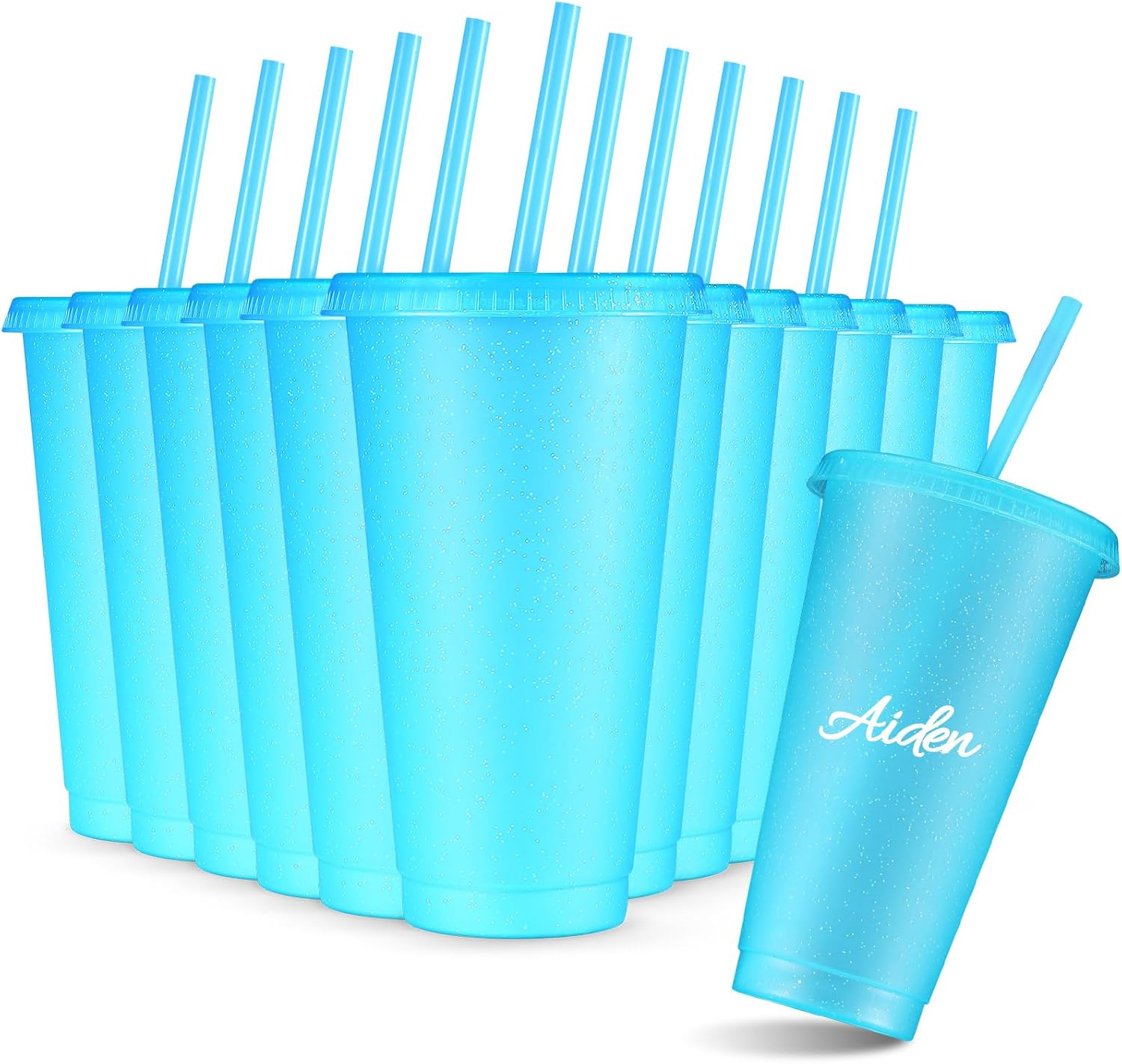 Amyhill 12 Pcs Reusable Glitter Cup with Lid and Straw, Light Blue