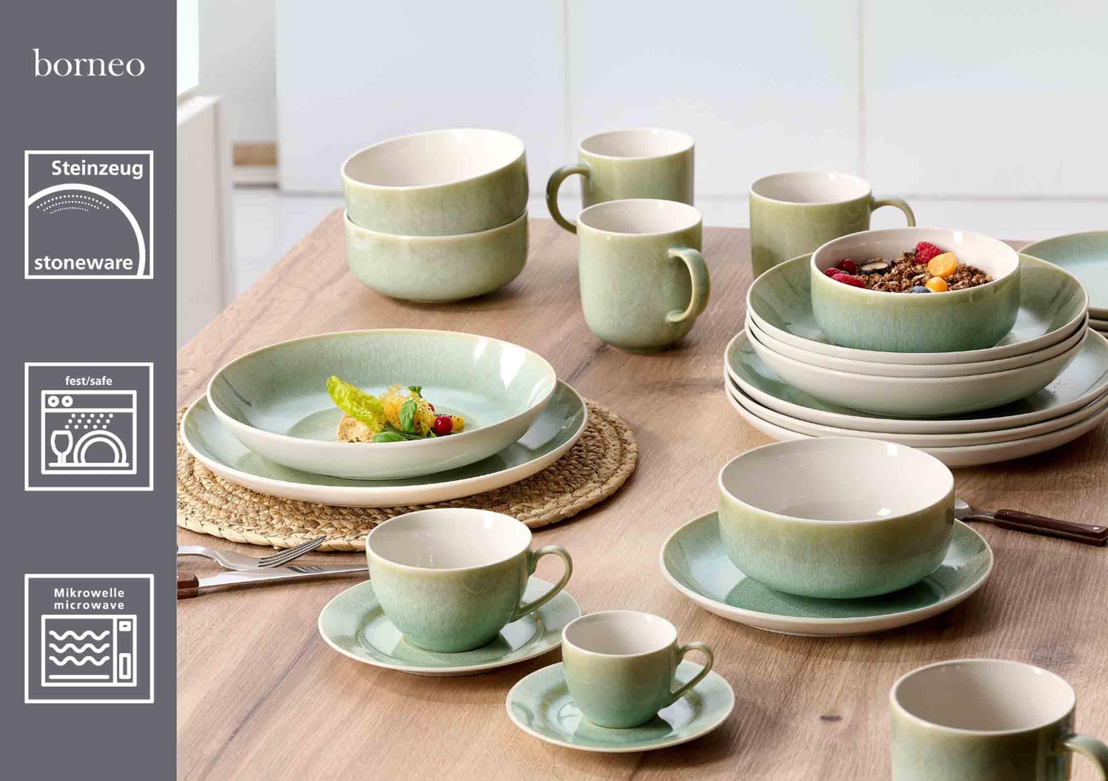 Ritzenhoff & Breker Borneo Kombi-Set 30-teilig | Kombiservice für 6 Personen | Teller, Schalen, Tassen und Untertassen mit Reaktivglasur | Steinzeug, Spülmaschinen- & Mikrowellenfest | Grün