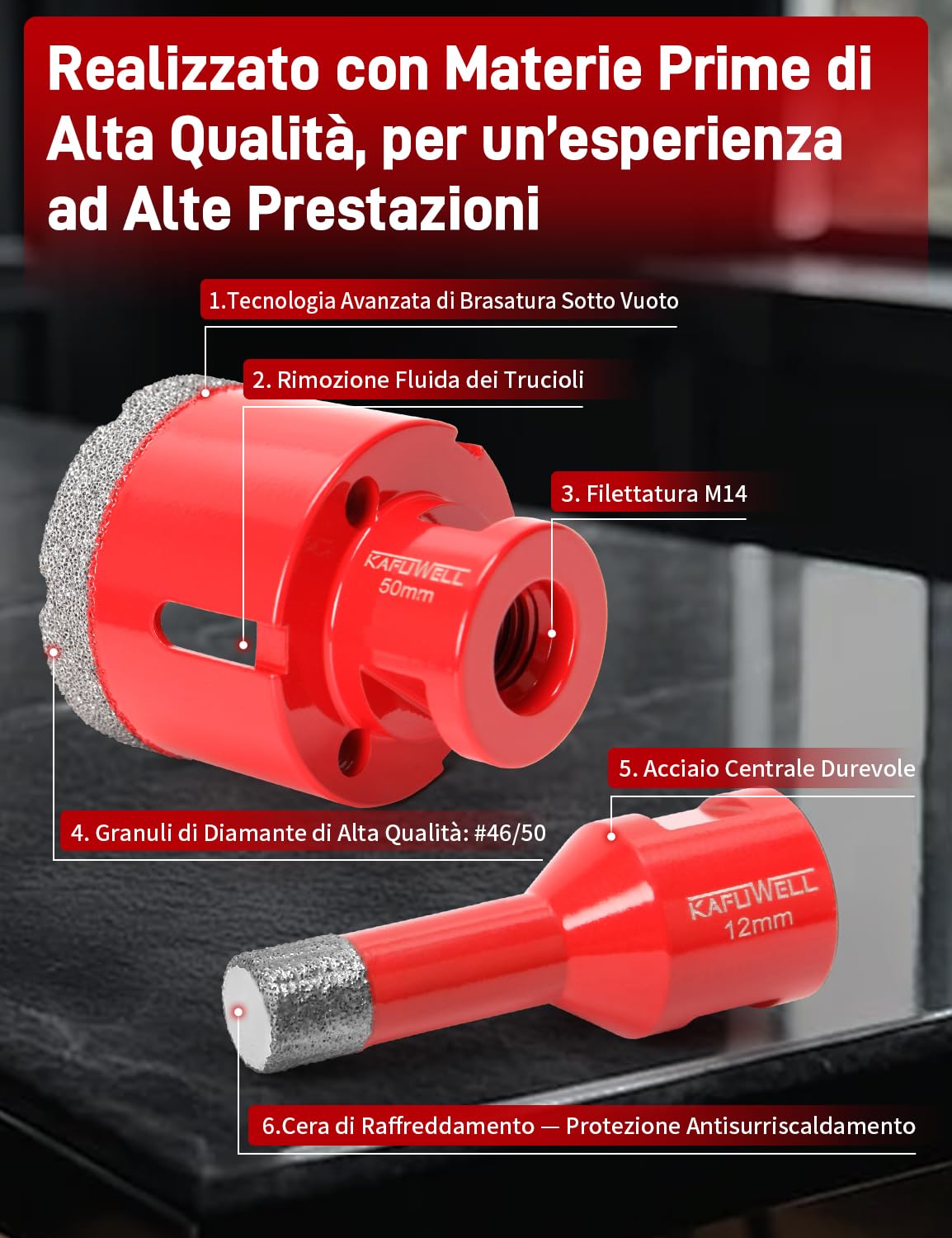 Set da 8 Punte Trapano Diamantata, Frese Piastrelle Ø 6/8/10/12/35/50/68mm con Adattatore M14 a Gambo Esagonale, Vacuum Brasato, per Porcellana, Granito, Marmo, Taglio a Secco