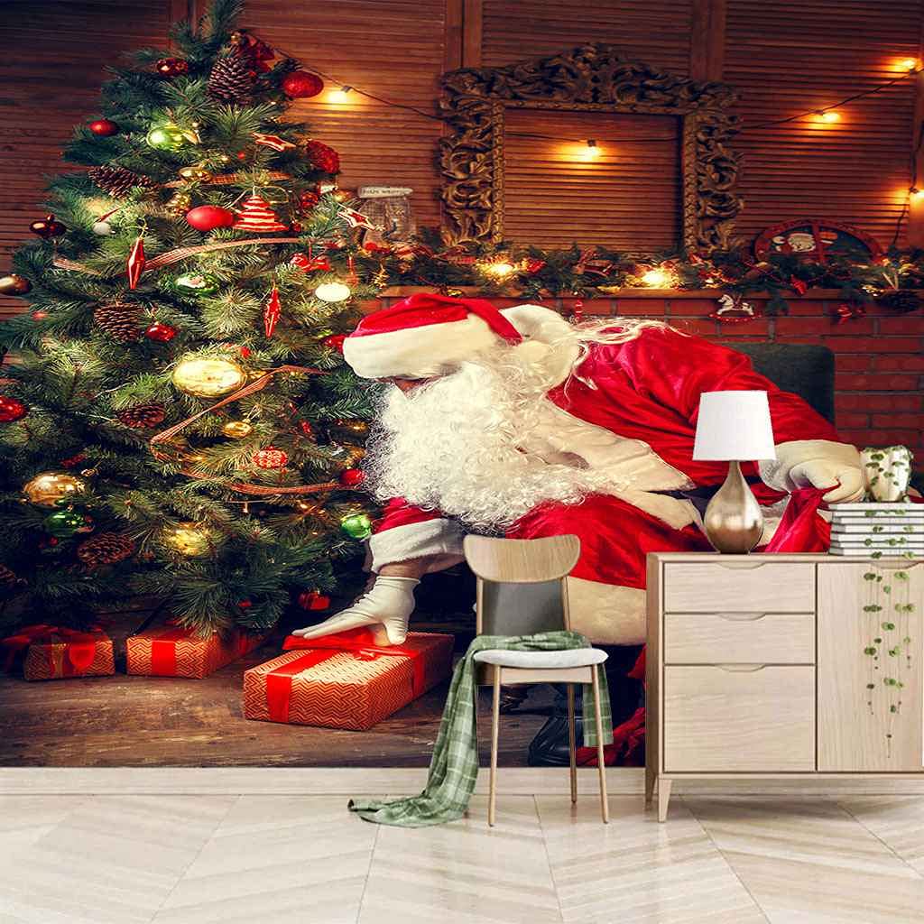 Papier peint panoramique Père Noël rouge en toile canevas texturée 3D