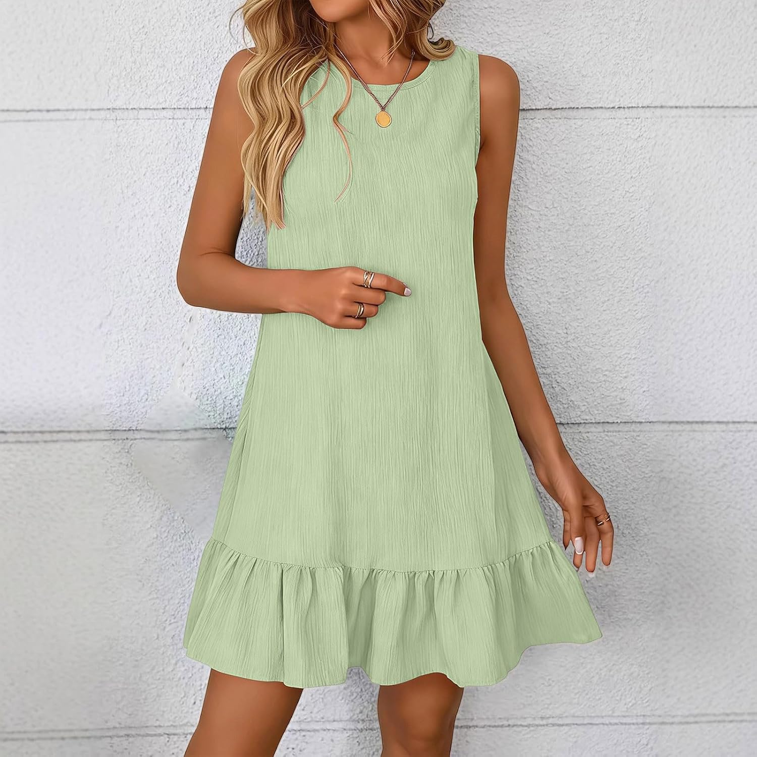 Crew Neck Summer Casual Dress for Women Beach Vacation Sleeveless Ruffle Tank Sundress Solid Color Loose Mini Dress