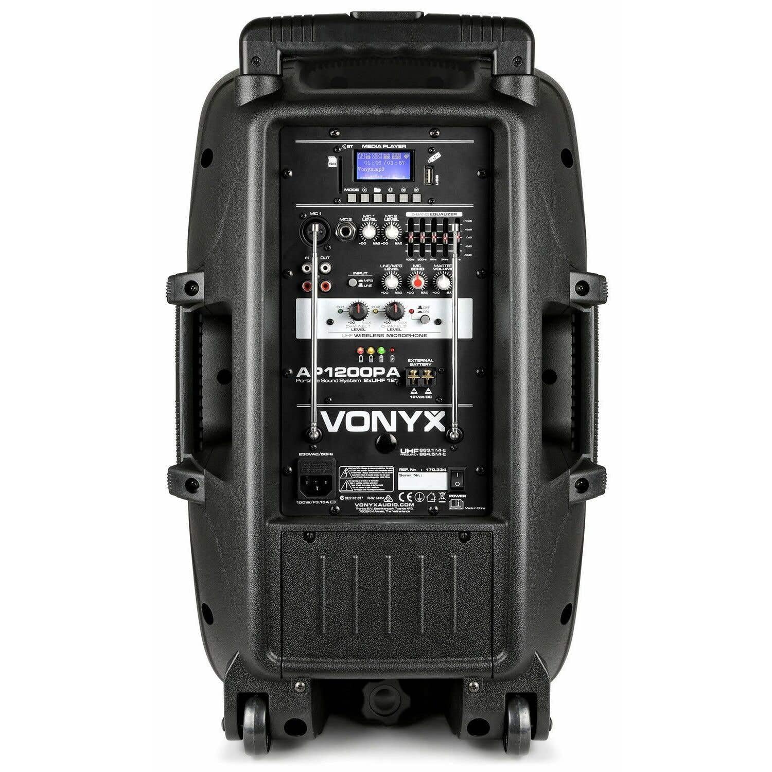 Vonyx AP1200PA Enceinte Sono Portable avec Micros sans Fil - 600W Max, Bluetooth, USB/SD/MP3, Boomer 12", Batterie Intégrée, avec Poignée Télescopique et roulettes pour Les Déplacements