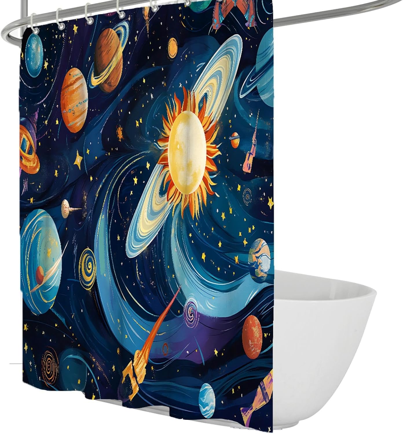Boys Space Adventure Shower Curtains Cartoon Planets Playful Space Station Solar System Bathroom Decor Waterproof Shower Curtain Liner 72x72