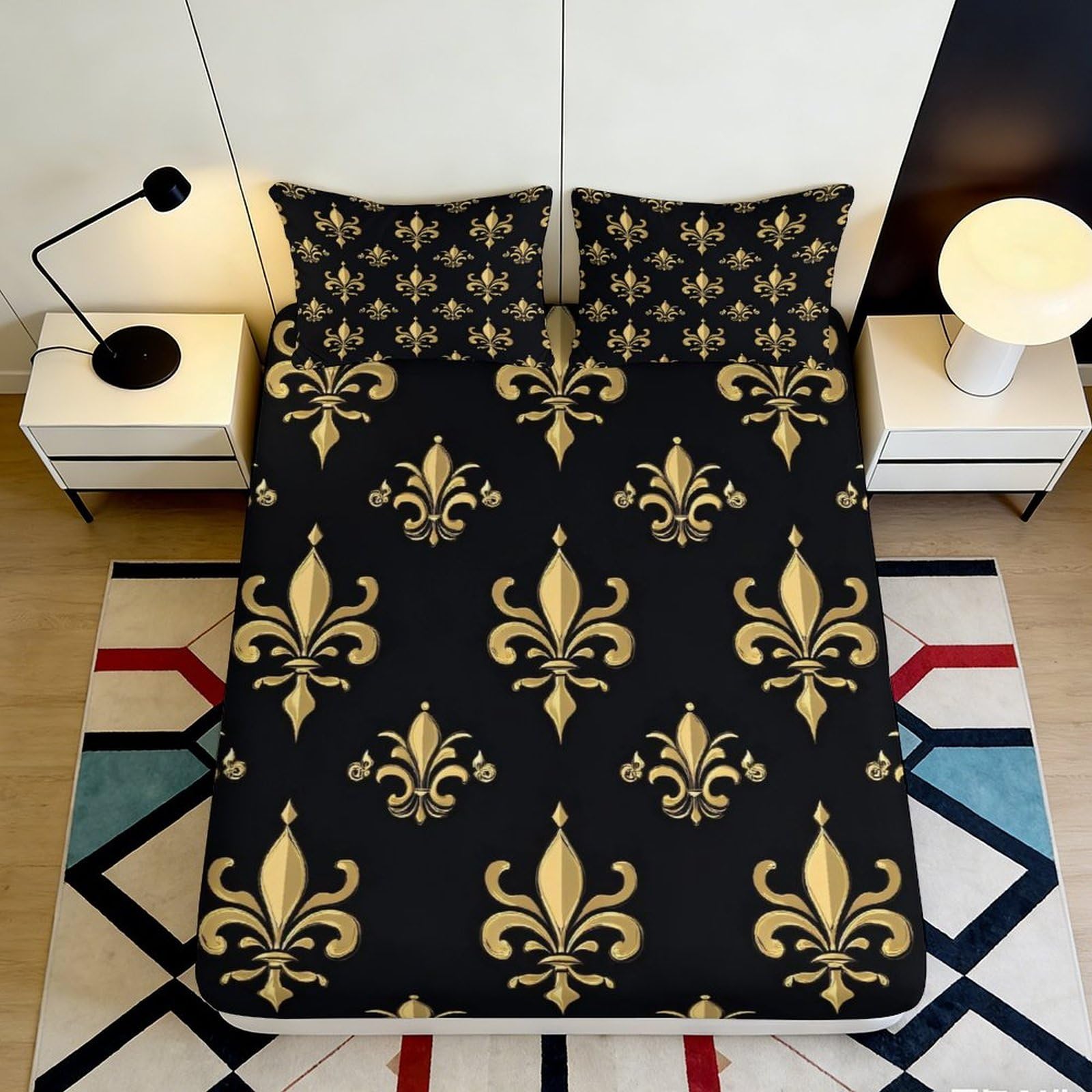 3D Printed Fleur-de-lis Fitted Sheet Microfiber Deep Pocket Bedroom Bedding Fleur-de-lis Mattress Fitted Cover Non-Slip Washable for Home 200x200x25cm