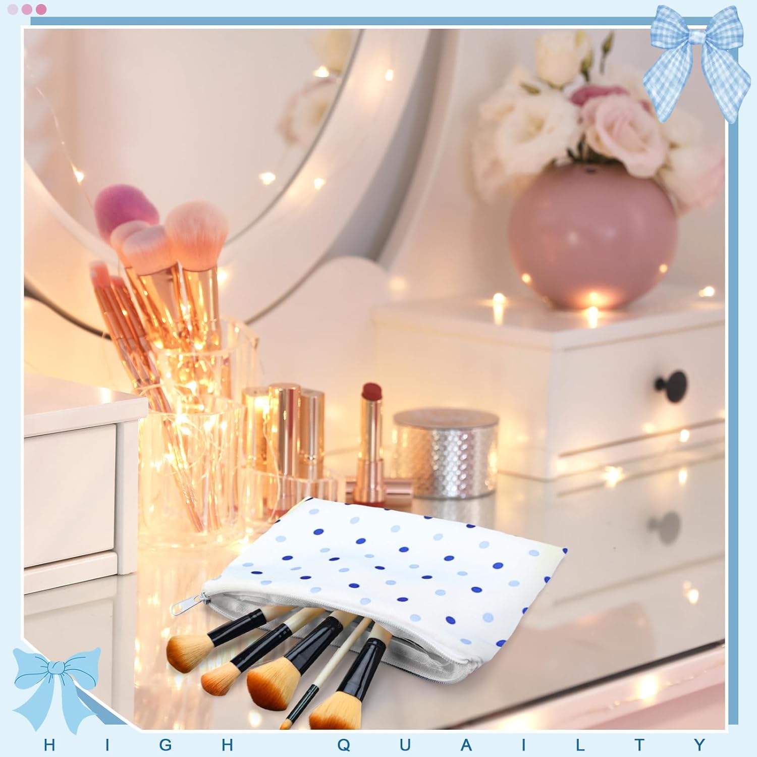 Reginary 10 Pcs Valentines Coquette Bow Cosmetic Bag for Valentine's Day Wedding Nurses Day Aesthetic Makeup Bag Lovely Heart Preppy Pouch Zipper Coquette Party for Galentine Gift(Blue,Lovely Heart) - Image 4