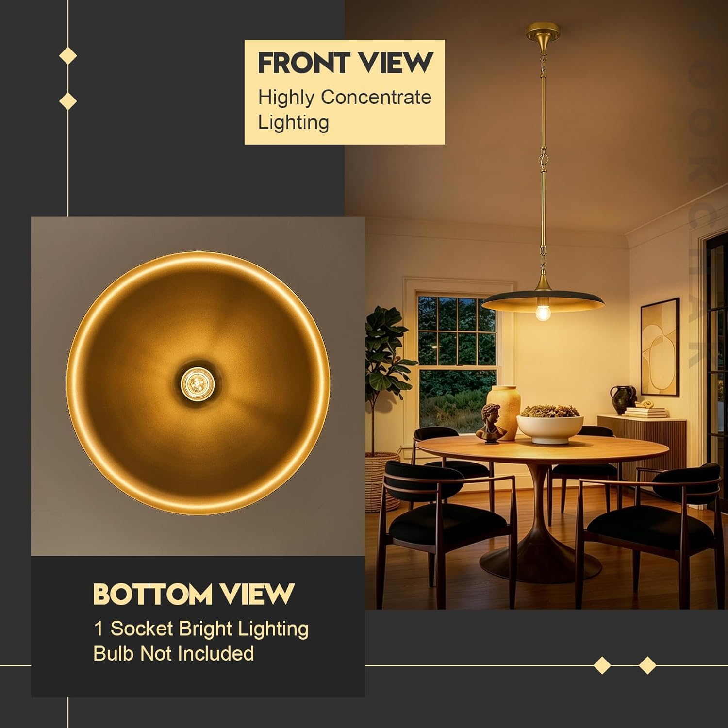 Black Pendant Light 15.7in Pendant Lights Modern Kitchen Island Pendant Light Fixture with Adjustable Black Gold Industrial Pendant Lighting for Dining Room Kitchen Sink, E26
