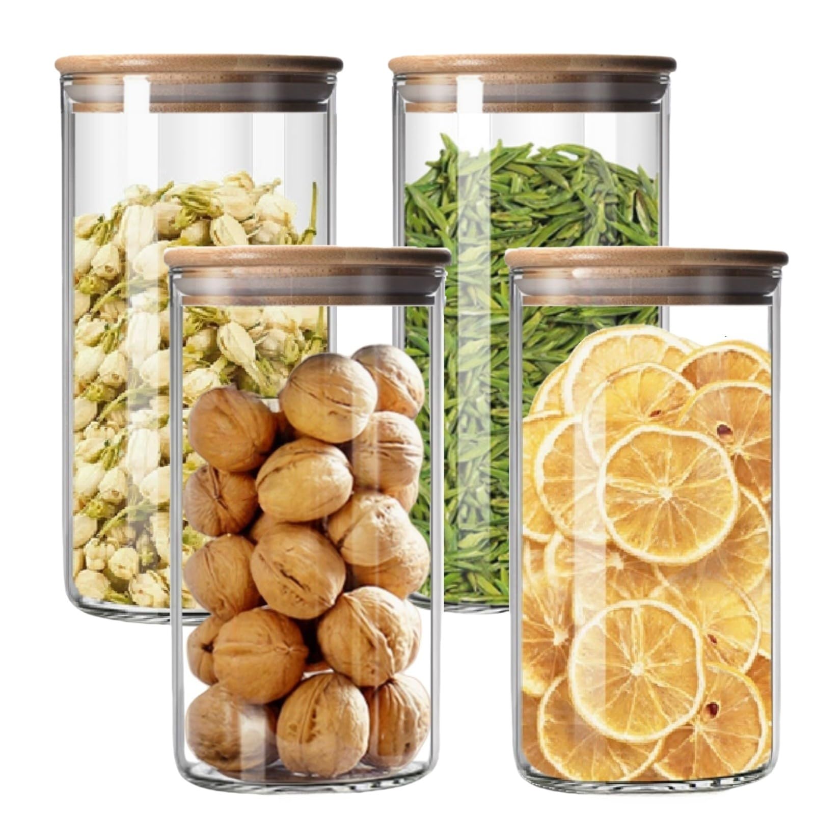 MEETOZ 1350ml Set of 4 Glass Jars with Bamboo Lids,High Borosilicate Glass Transparent Airtight Food Storage Tank,Large Capacity Kitchen Food Containers for Spices,Coffee Beans,Oatmeal — image 1