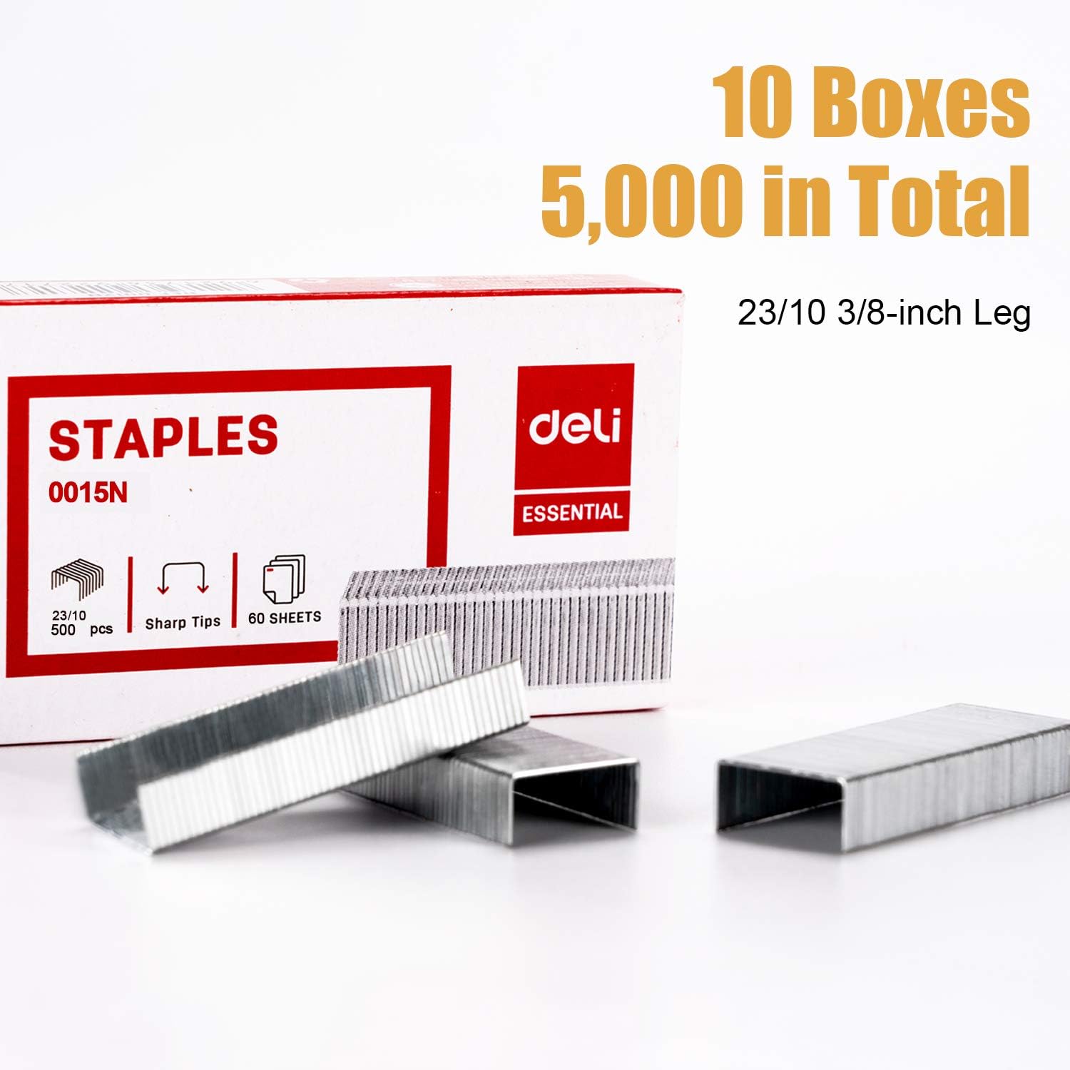 Deli 5,000 Staples, Fits Deli 60 Sheet Capacity Stapler, 3/8" Leg Length Staples of 70 Sheet Capacity, 23/10, Jam Free Sharp Chisel Point Design, 10 Boxes of 500 Staples
