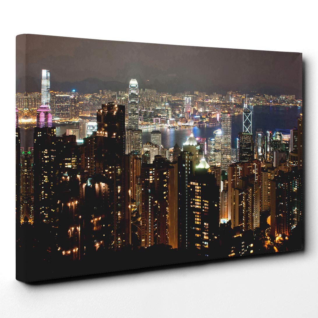 Hong Kong City Skyline (1) Canvas Print | Gallery Wrapped 30mm Frame Wall Art | 20x14 inches | Ready to Hang | Contemporary Cityscape Picture | Living Room Bedroom Lounge Office