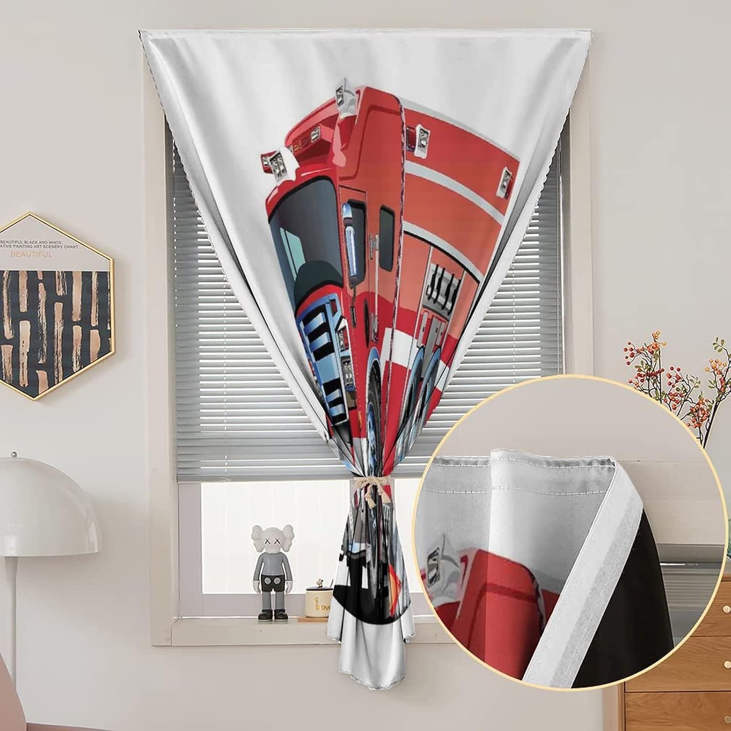 XISUNYA Self Adhesive Portable Blackout Curtains, Cars Room Darkening Curtains, Big Fire Truck Universal Safety Rescue Team Cartoon Print Adjustable Temporary Blackout Shades,47W x54L Inch