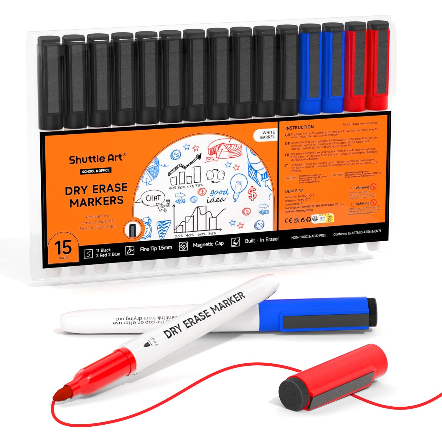 Shuttle Art 15 Rotuladores Pizarra Blanca Magnetica, Punta Fina (2mm), Whiteboard Marker Rotuladores Borrables 11 Negro 2 Azul 2 Rojo Perfecto para Aula, Conferencia Global Recycled Standard Global Recycled Standard Global Recycled Standard