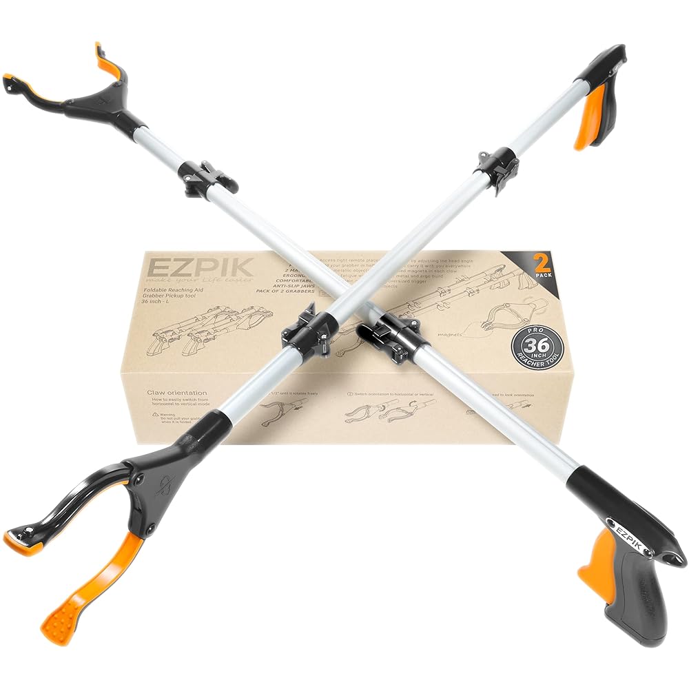 EZPIK Grip Aid Tool Grabber Reacher + Magnets - Grabbers for Seniors, Trash Picker Upper Grabber - Trash Grabber Tool- Reacher Grabber Pickup Tool (Silver, 36 (Pack of 2))