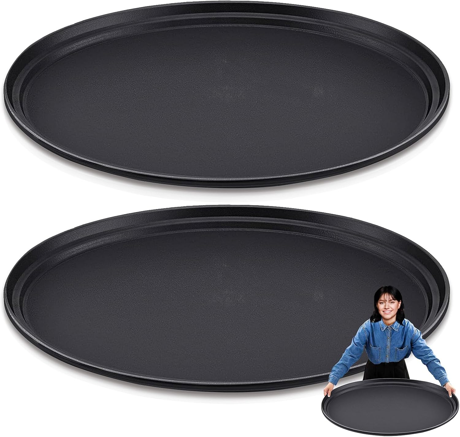 2 Pcs Large Restaurant Serving Trays 24" x 29" Oval Plastic Food Serving Tray Non Slip Rubber Lined Black Serving Tray for Cafeteria (2)