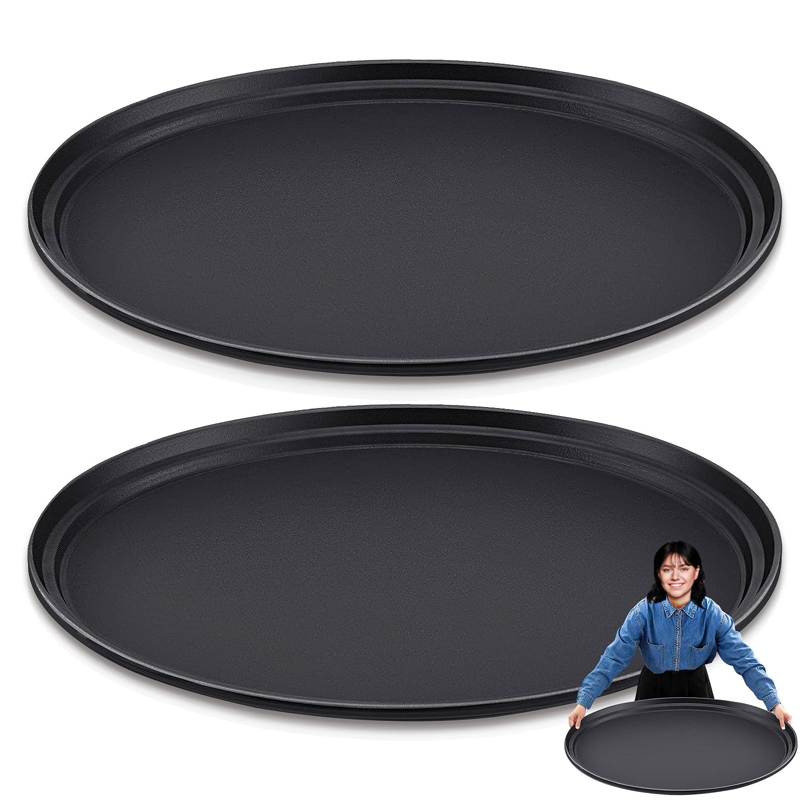 2 Pcs Large Restaurant Serving Trays 24" x 29" Oval Plastic Food Serving Tray Non Slip Rubber Lined Black Serving Tray for Cafeteria (2)