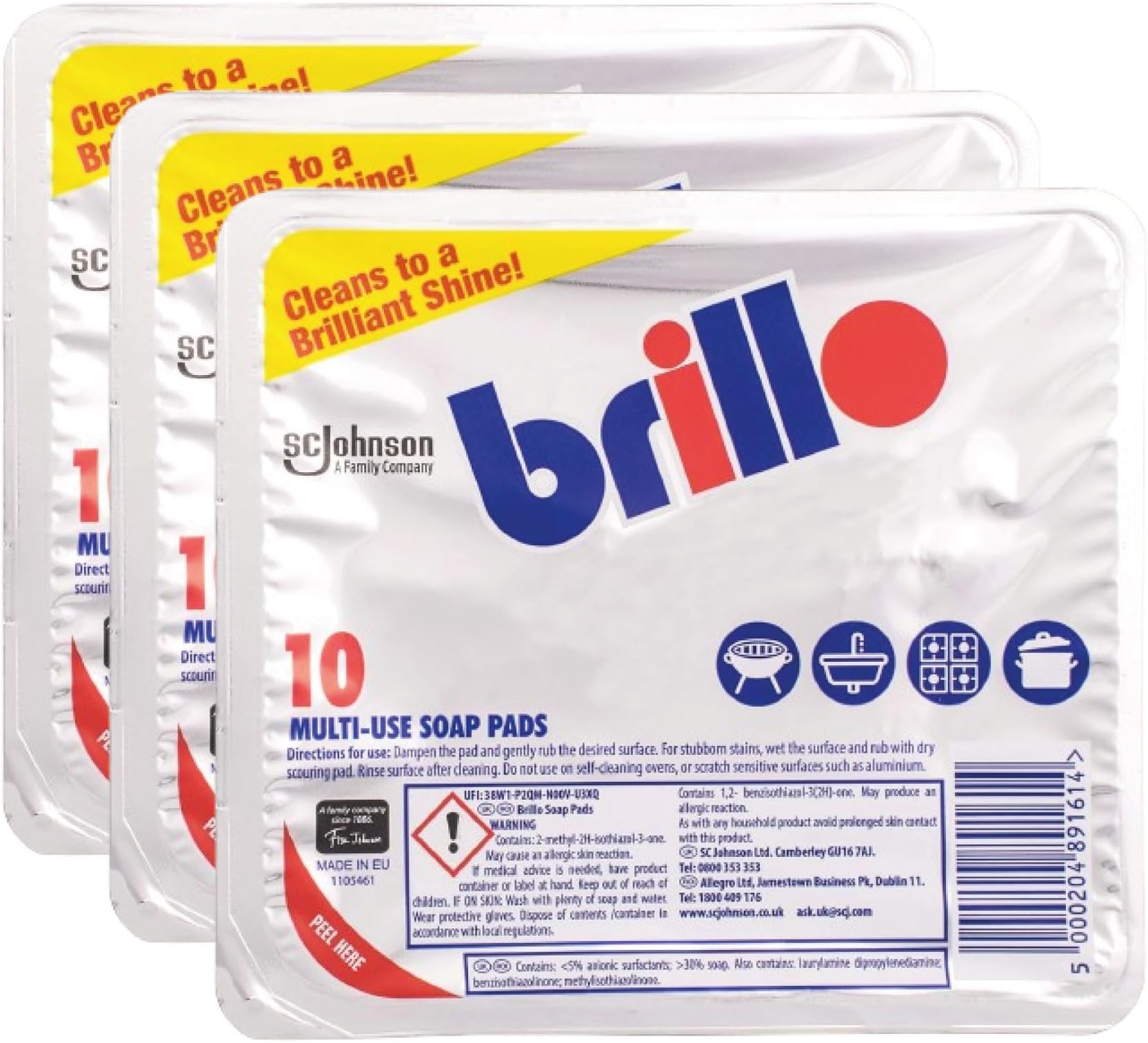 Brilllo Multi-Use Soap Pads 10pcs (Pack of 3) | Heavy-Duty Scrubbing | Pre-Loaded with Soap | Ideal for Tough Grease and Grime | Multi-Surface Cleaning | Rust & Stain Removal for Kitchens & Outdoors