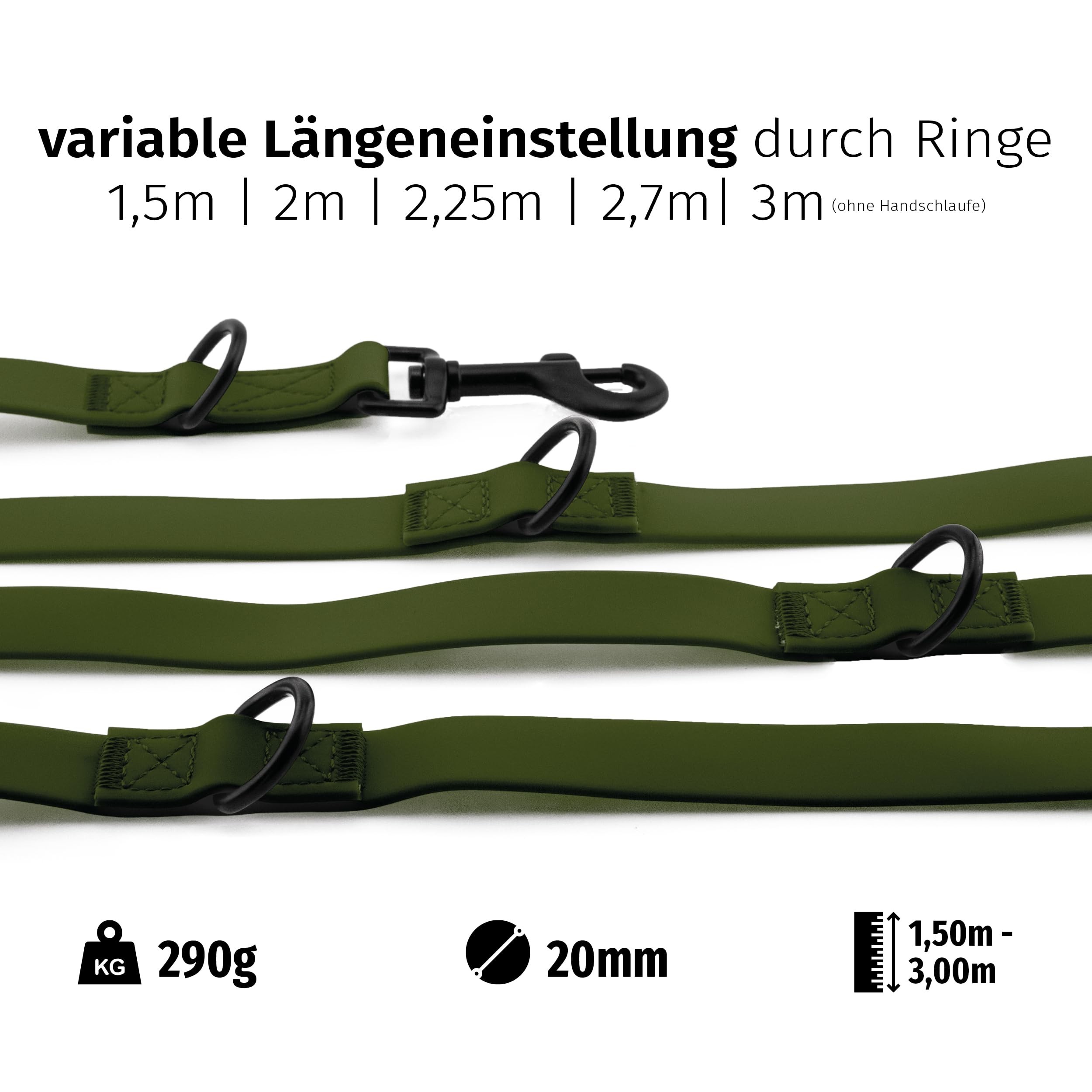 Floxik PVC Hundeleine 3m Grün | 4 Längen verstellbare Führleine für mittlere & große Hunde | Schmutz- & Wasserfest | Ideale Umhängeleine für das nächste Abenteuer mit deinem Liebling
