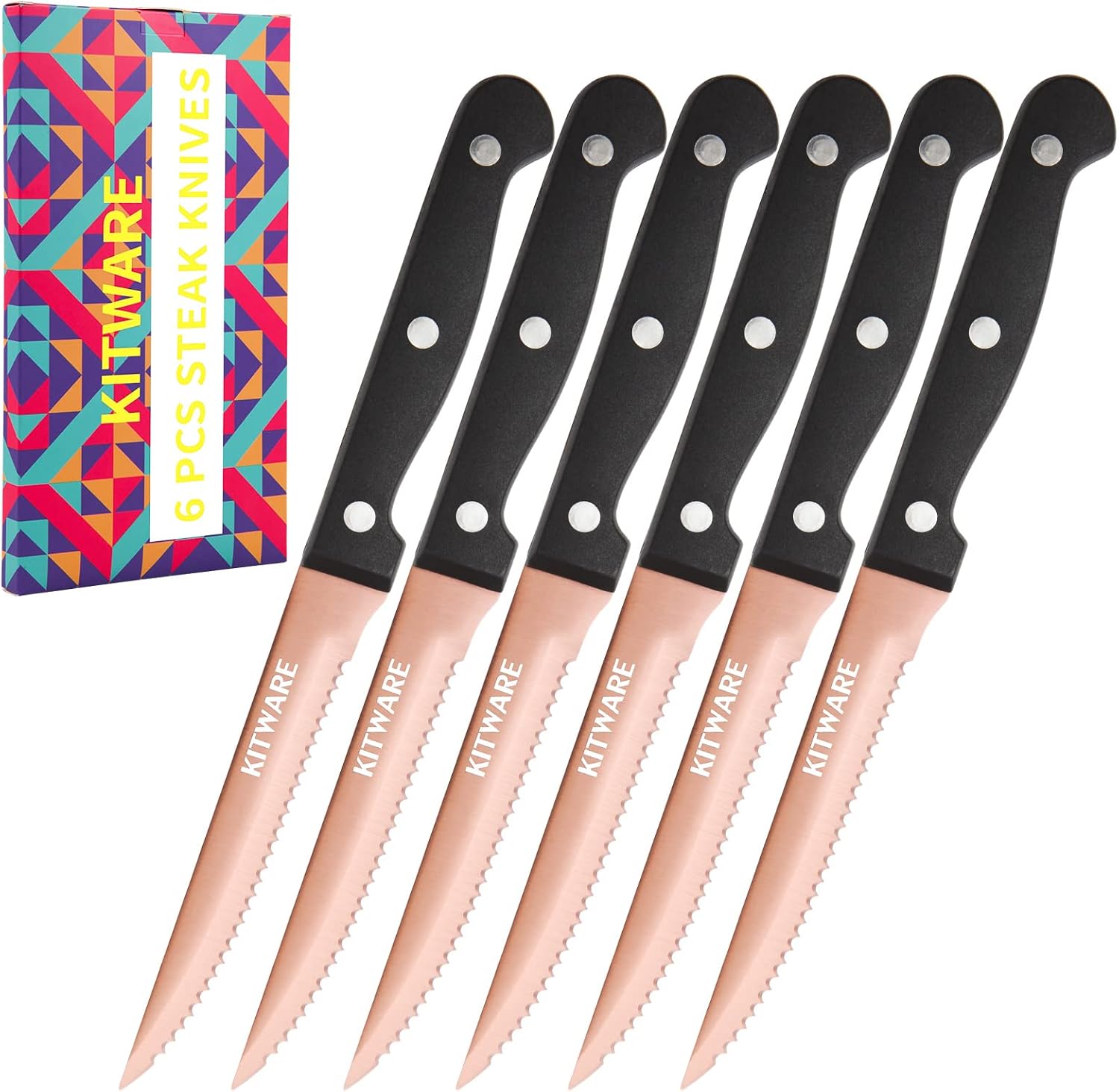 KITWARE Rose Gold Steak Knife Set, 6-Piece, 4.5 Inch Serrated, Stainless Steel Tableware Cutlery for Vegetables, Meat, Bread and Butter KITWARE Rose Gold Steak Knife Set, 6-Piece, 4.5 Inch Serrated, Stainless Steel Tableware Cutlery for Vegetables, Meat, Bread and Butter