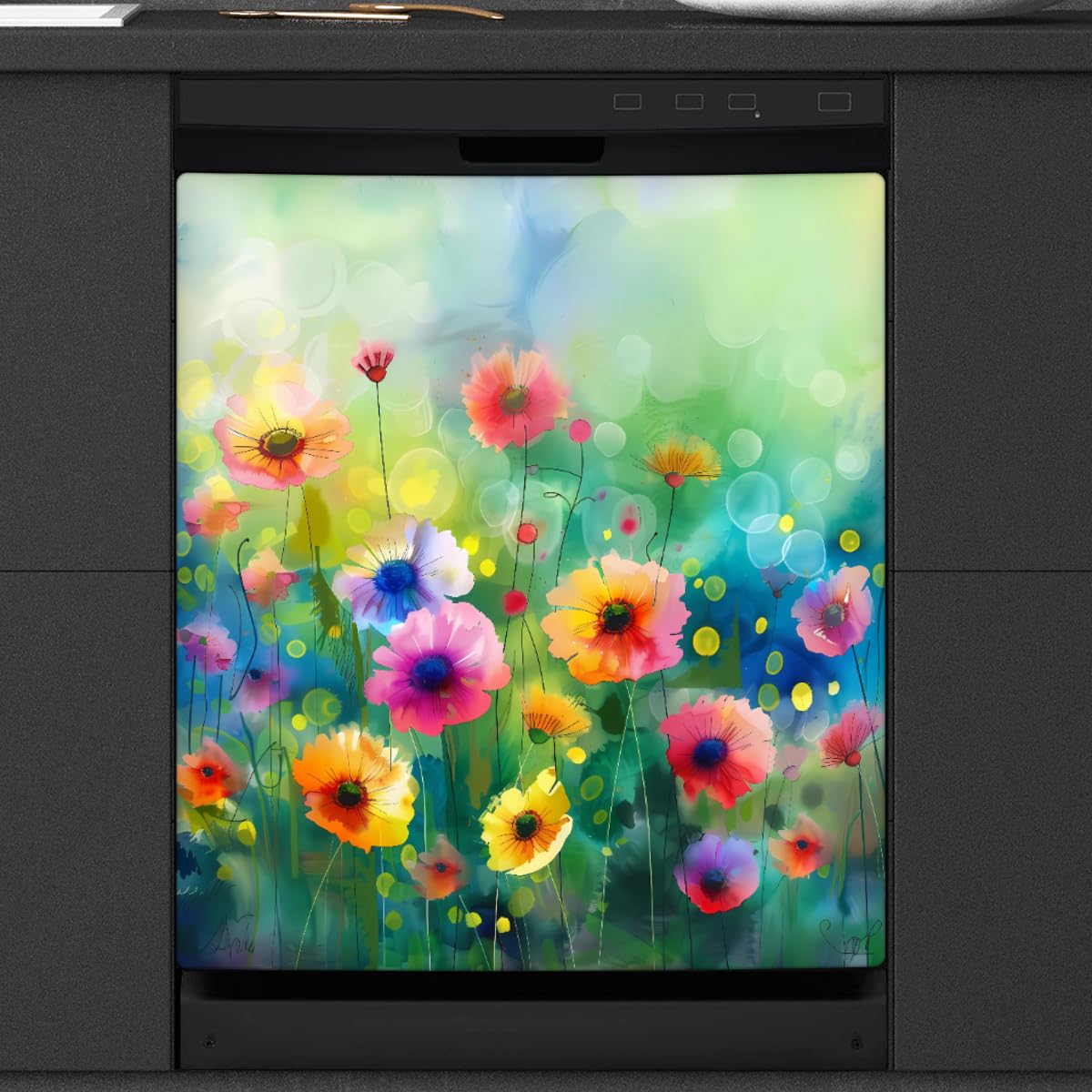 Dishwasher Magnet Cover Watercolor Wildflower Floral Pattern Reusable Dishwasher Magnetic Cover Sticker Decorative Dish Washer Door Cover Panel for Home Kitcen Appliance