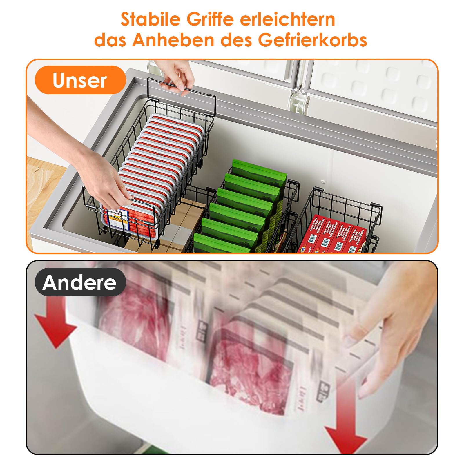 Gefrierkörbe Gefrierschrank Organizer Drahtkorb Eckig Stapelbar Aufbewahrungskorb Metall Mit Griffen Leicht Zu Bewegen Schwarz 4er Packung