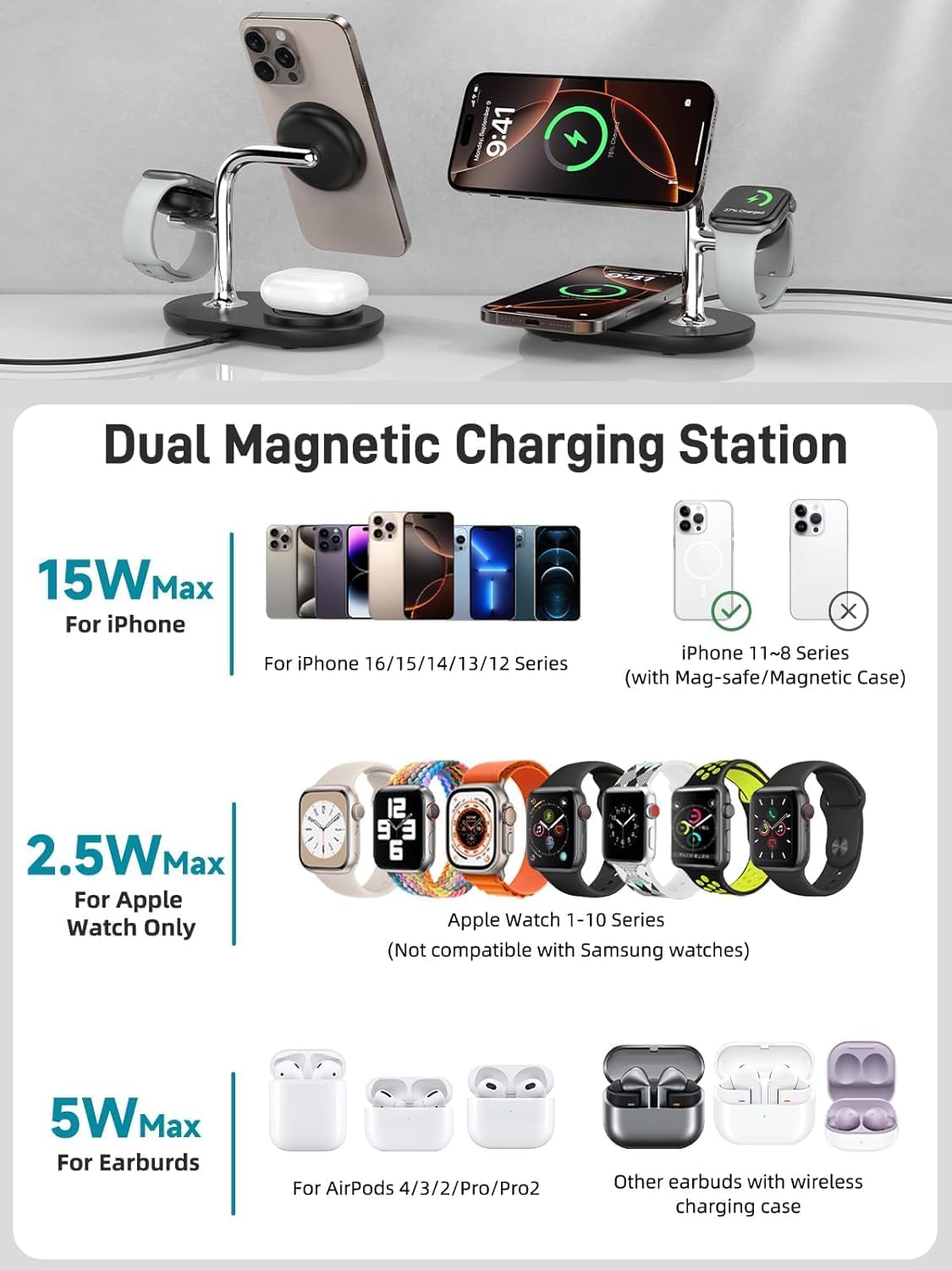 Dual Magnetic Charger for iPhone 17/17 Pro/17 Pro, 3 in 1 Wireless Charger for iPhone 16/15/14, Charging Station for Apple Watch, Wireless Charger for AirPods Pro 2, Magnetic Wireless Charging Station