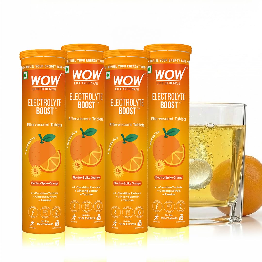 WOW Life Science Electrolyte Boost Effervescent Tablets | Zero Sugar Hydration + Clean Energy | Electrolytes with Prebiotics, L-Carnitine, Ginseng & Taurine | Great Tasting Drink Tablets | Orange | 15 Tablets (Pack of 4)