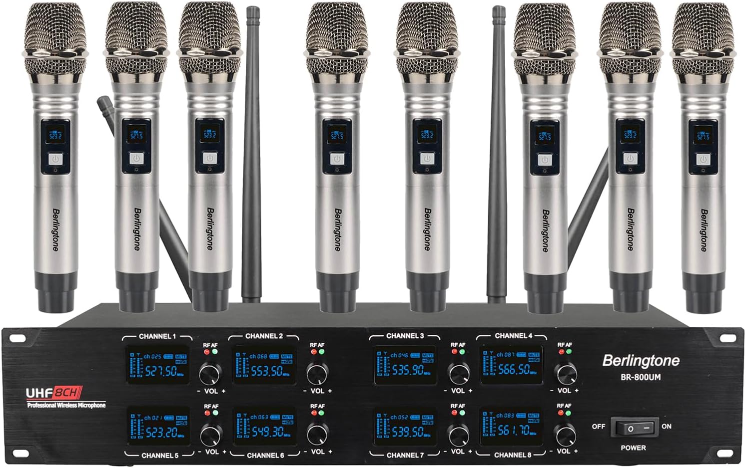 Berlingtone) 8-Channel UHF Wireless Microphone System Cordless Mic with Metal Handheld, Fixed Frequency Channel, Dynamic Microphone for Karaoke, Church, Singing, DJ, 262ft Range (BR-800UM)