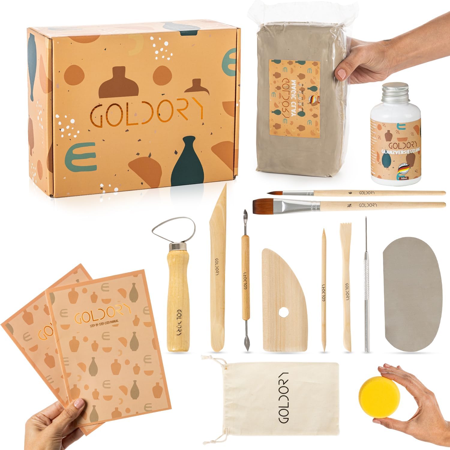 Töpferset für Zuhause mit lufttrocknendem Ton | Ton Set für Kinder ohne Brennen | 2,5 kg Trockenton selbsttrocknend zum Basteln | DIY Töpfern für Erwachsene | Kreativset Geschenke