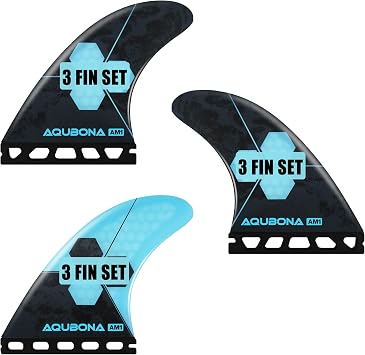 Surfboard Thruster Fins Set 3 Fins, Honeycomb Fiberglass Performance, Single Tab Large Medium AM1, with Fin Bag, Key and Screws, Blue/Yellow