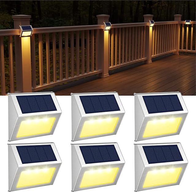 Warm White Solar Fence Lights,Stainless Steel Decorative Lights LED Garden Lights,Waterproof Step Lights Wireless Outdoor Lights for Stair,Wall,Patio,Yard,Path,Fence,6Pack