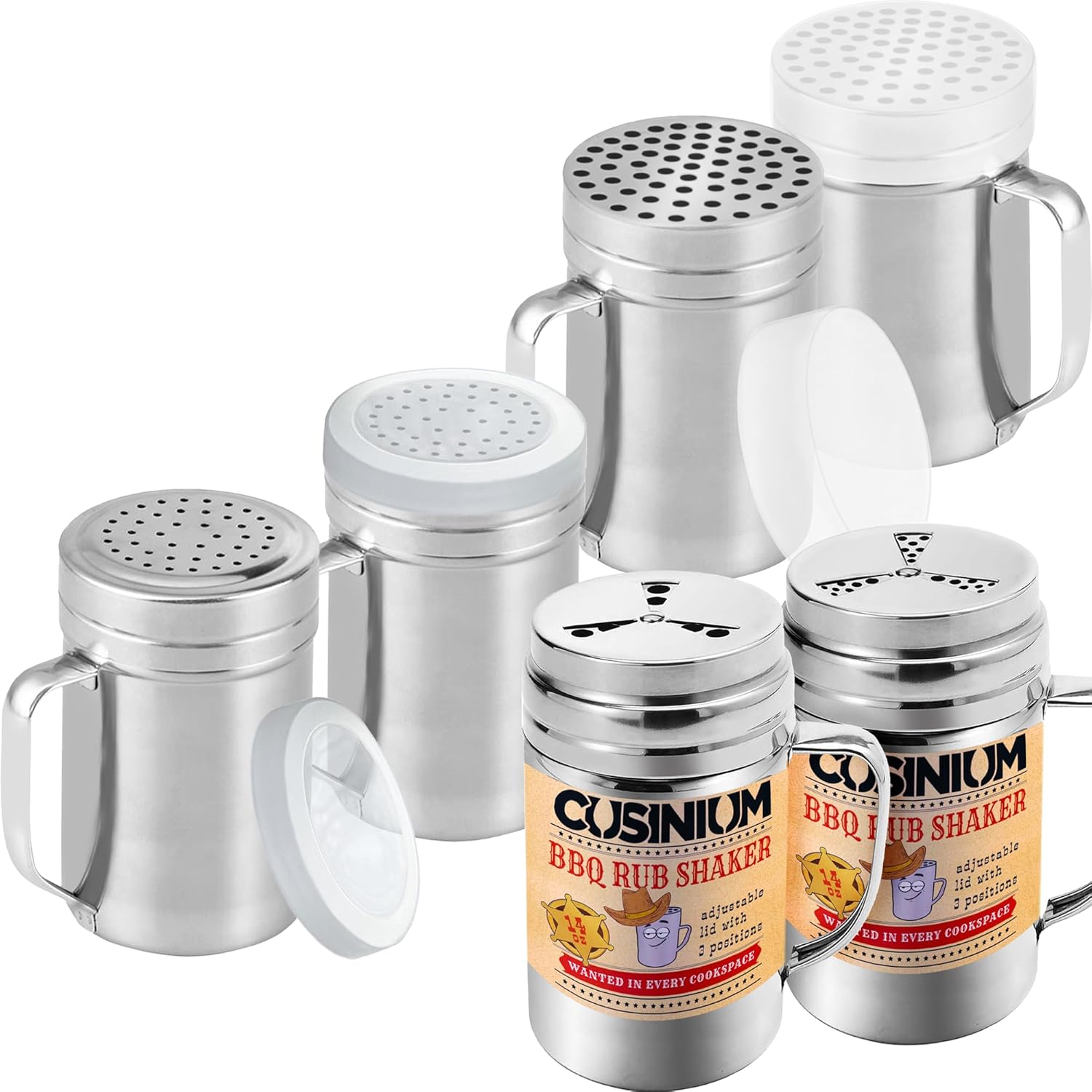 14 oz Metal Shakers (2-pack each): for Salt & Pepper + BBQ with Adjustable Fan-Style Lid + Parmesan Cheese with Large Holes