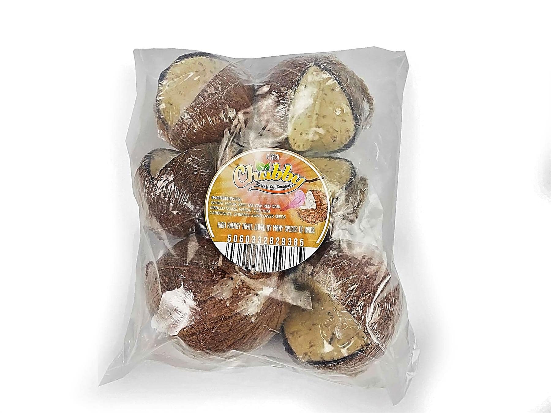 Bag of 6 Chubby Quarter Cut Filled Coconut, Coconuts Halve Wild Bird Feed, Coconut Shell Suet Birds Food, Protein Rich Suet for Blackbirds, Woodpeckers, Starlings & Sparrows