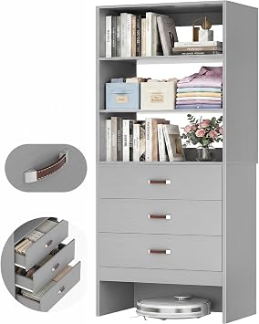 Armocity Freestanding 2FT Closet System with Leather Handles, 24" Walk-in Closets Storage Unit with Cabinet, Wood Wardrobe Closet Organizer and Storage with 3 Drawers for Small Space, Laundry, Grey