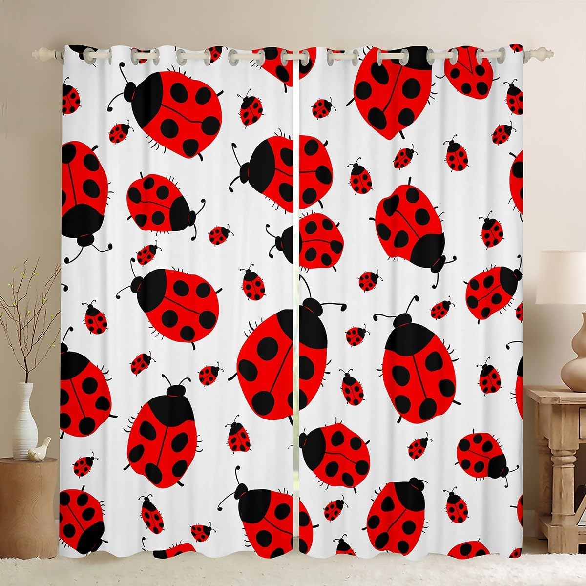 Feelyou Ladybug Curtains 3D Ladybug Printed Curtains for Bedroom Living Room for Kids Boys Girls Flying s Windows Drapes Entomology Room Decoration,42 X 63 Inch,2 Panels