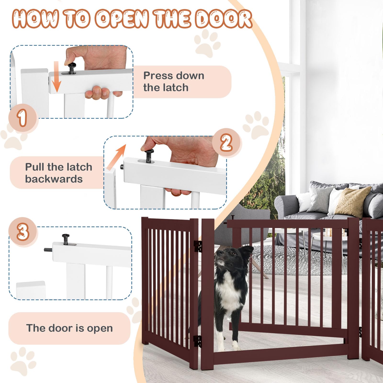 SOARS Cancelletto per Cani Pieghevoli 210 x 61 cm, Barriera per Cani in Legno a 3 Pannelli con Porta a Serratura, Recinzione per Scale, Ingressi e Corridoi (Marrone)