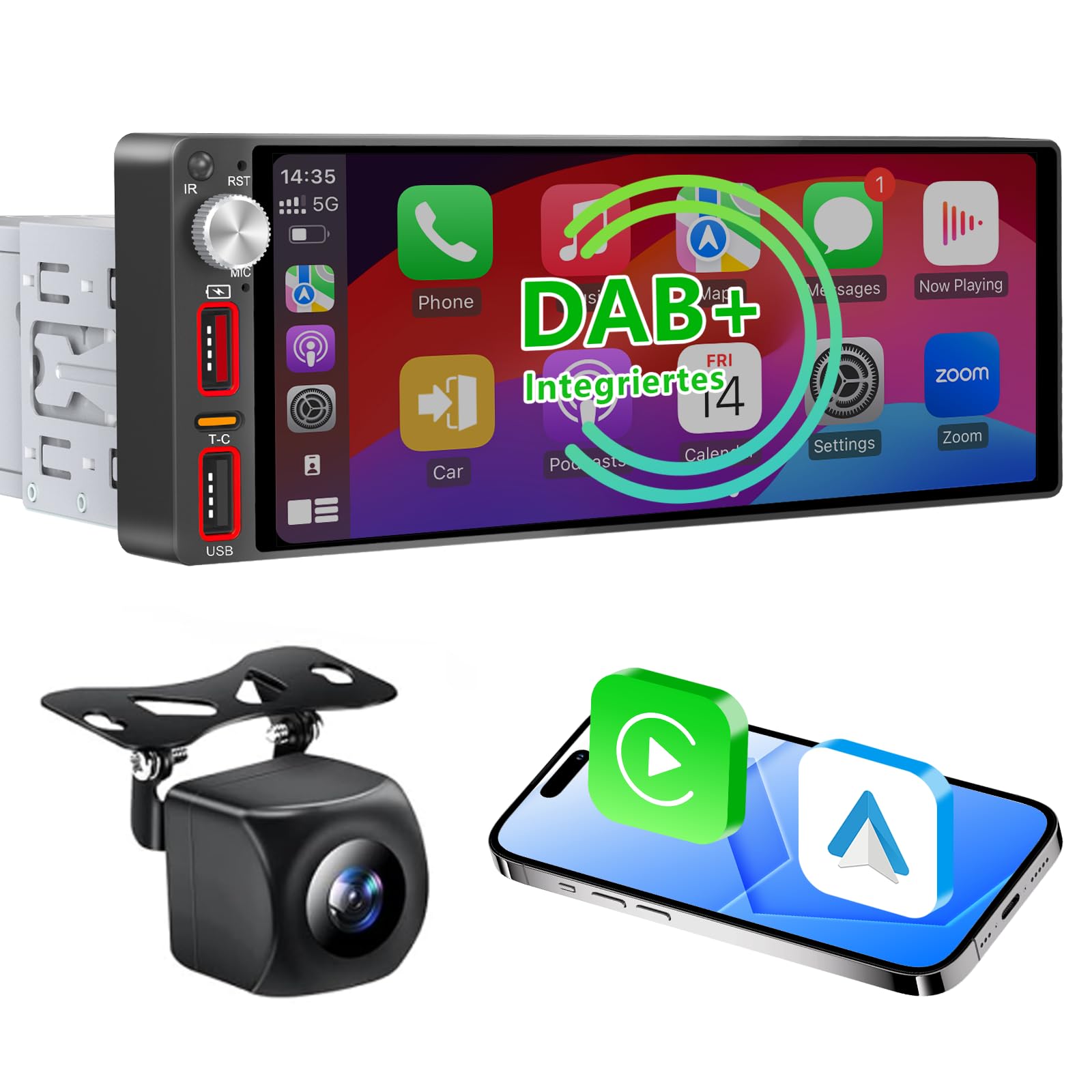 6,9 Zoll 1 Din Autoradio mit drahtlosem CarPlay & Android Auto, Bluetooth, Full-Touch-Autoradio-Display FM, DAB+，Free Rückfahrkamera