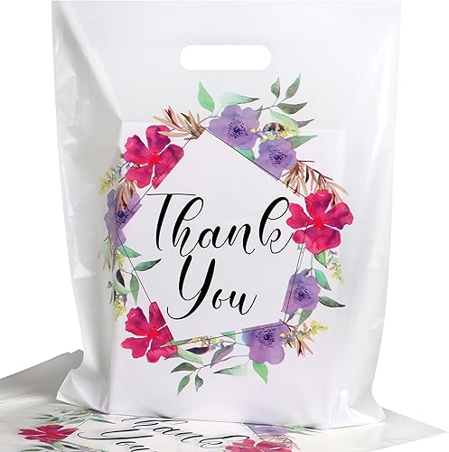 Miniatura 10 de Bolsas de regalo de agradecimiento de plástico floral a granel, bolsas de compras al por menor de 12 x 15 pulgadas con asas troqueladas, paquete de